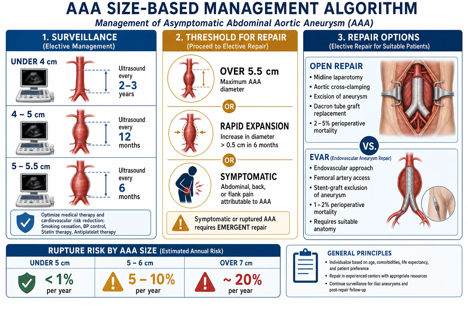 AAA size-based management algorithm showing the surveillance and repair thresholds with annual rupture risk.