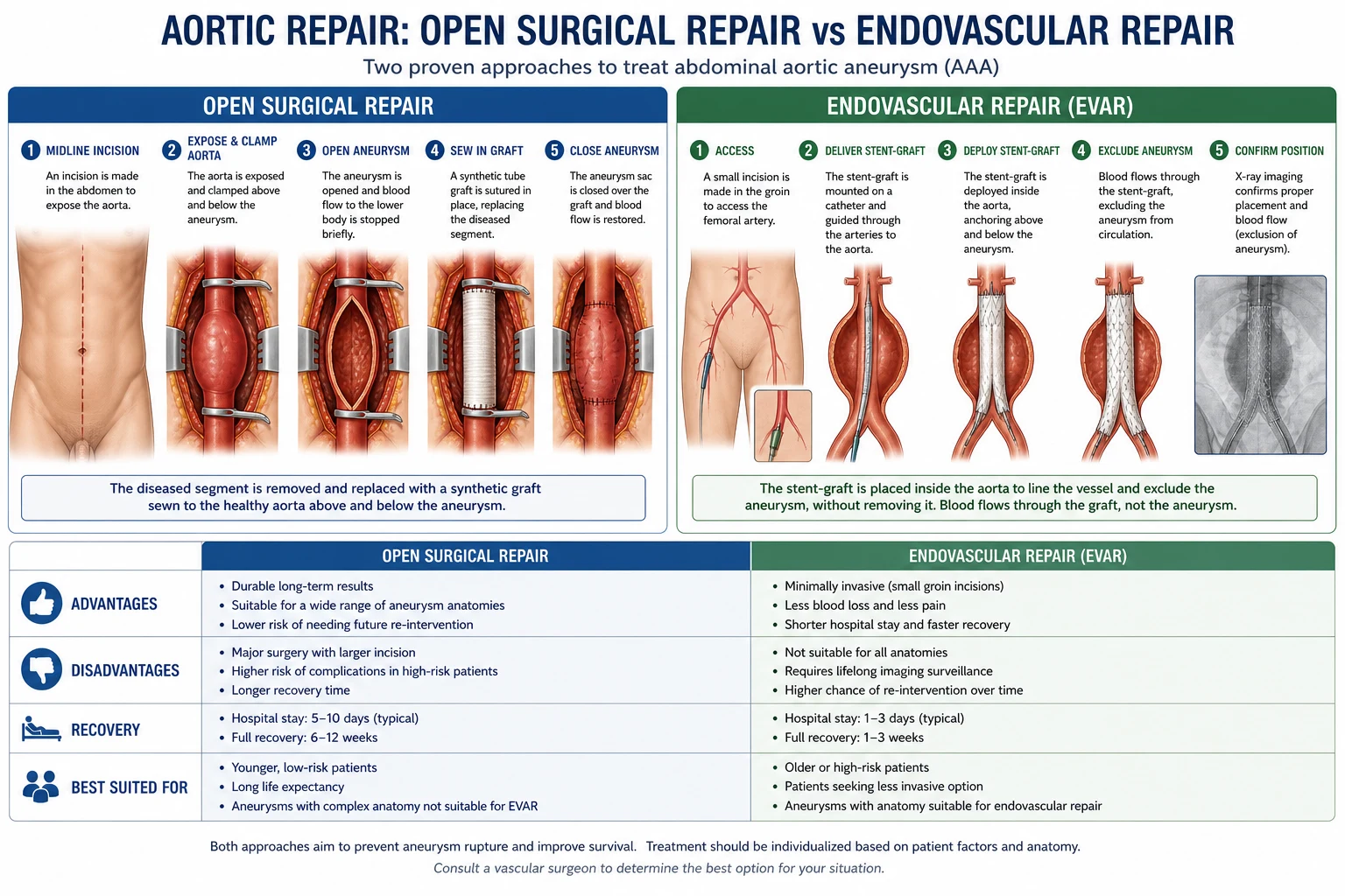 Comparison of open surgical repair (laparotomy, cross-clamp, Dacron graft) versus endovascular aneurysm repair (femoral access, stent-graft).