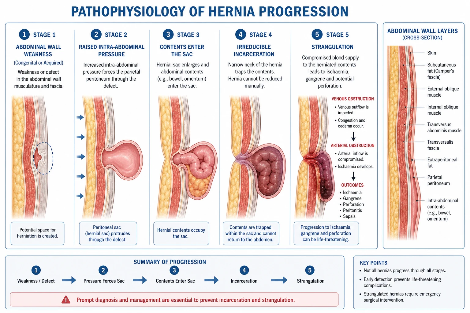 The pathophysiological cascade from wall weakness to strangulated hernia.