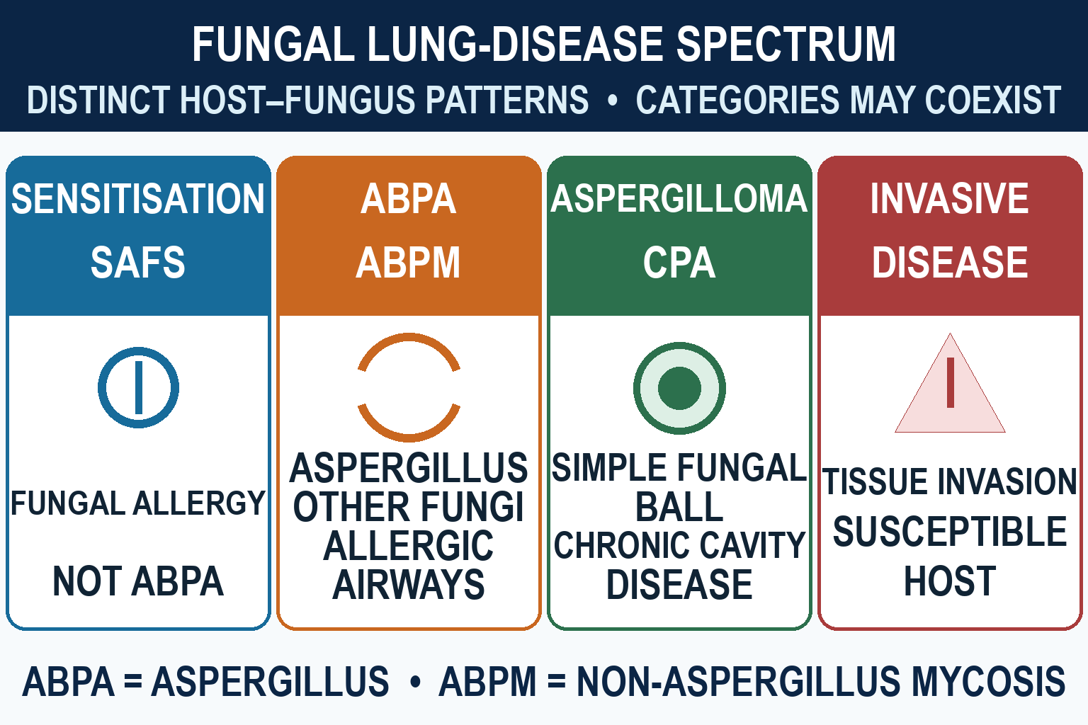 Sparse clinical spectrum diagram separating sensitisation and SAFS, ABPA and non-Aspergillus ABPM, simple aspergilloma and chronic pulmonary aspergillosis, and invasive aspergillosis