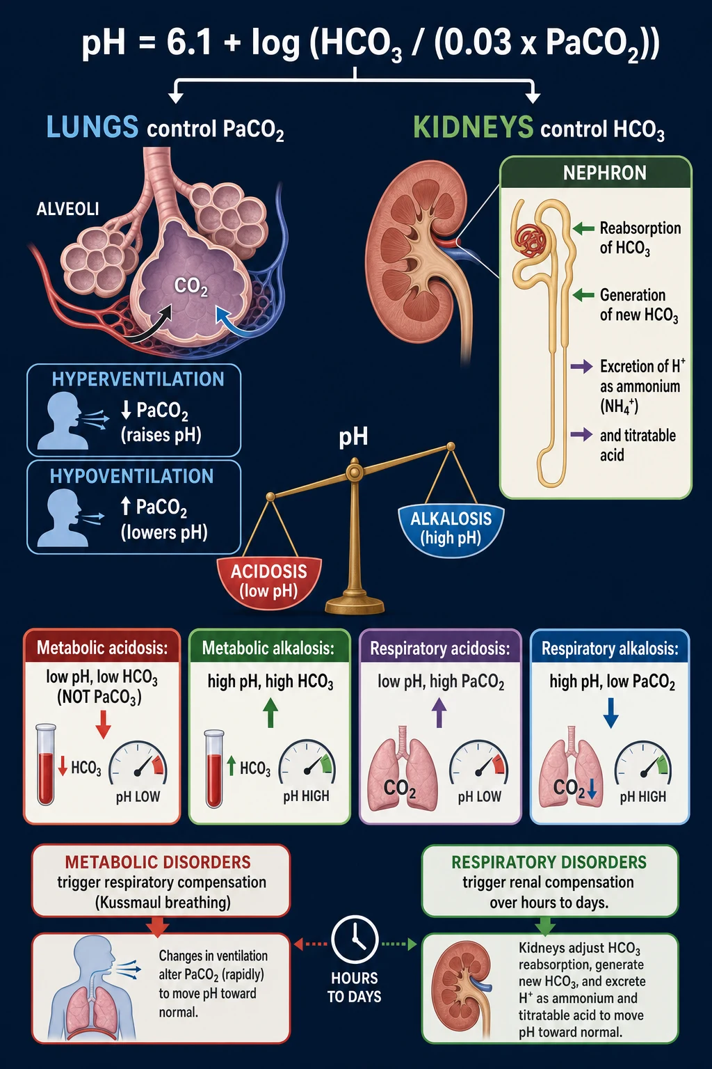 Pathophysiology infographic showing Henderson-Hasselbalch equation, the lung arm controlling PaCO2, the kidney arm controlling HCO3, and compensation arrows