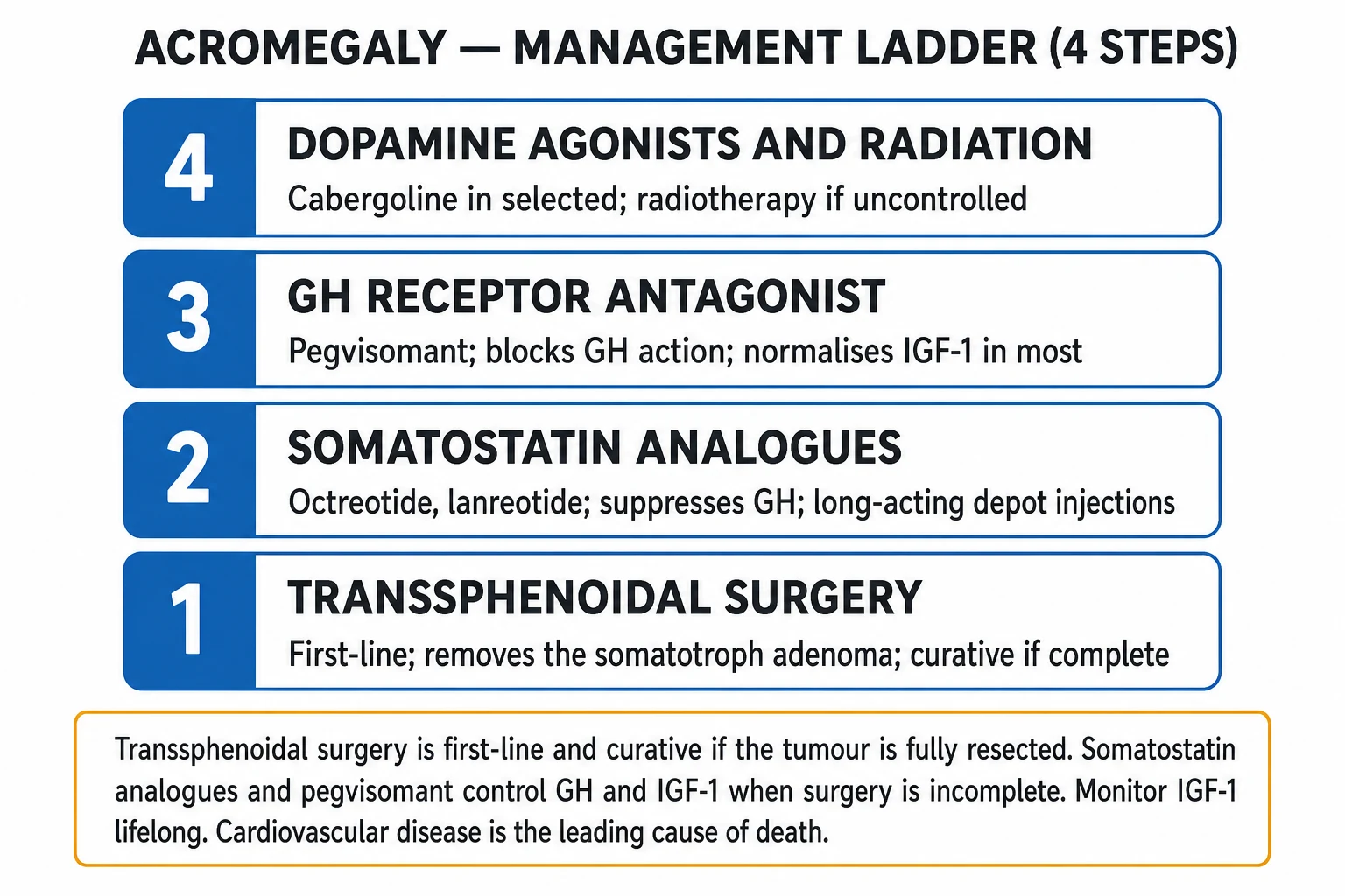 Four-step management ladder infographic for acromegaly: transsphenoidal surgery, somatostatin analogues, pegvisomant, radiotherapy