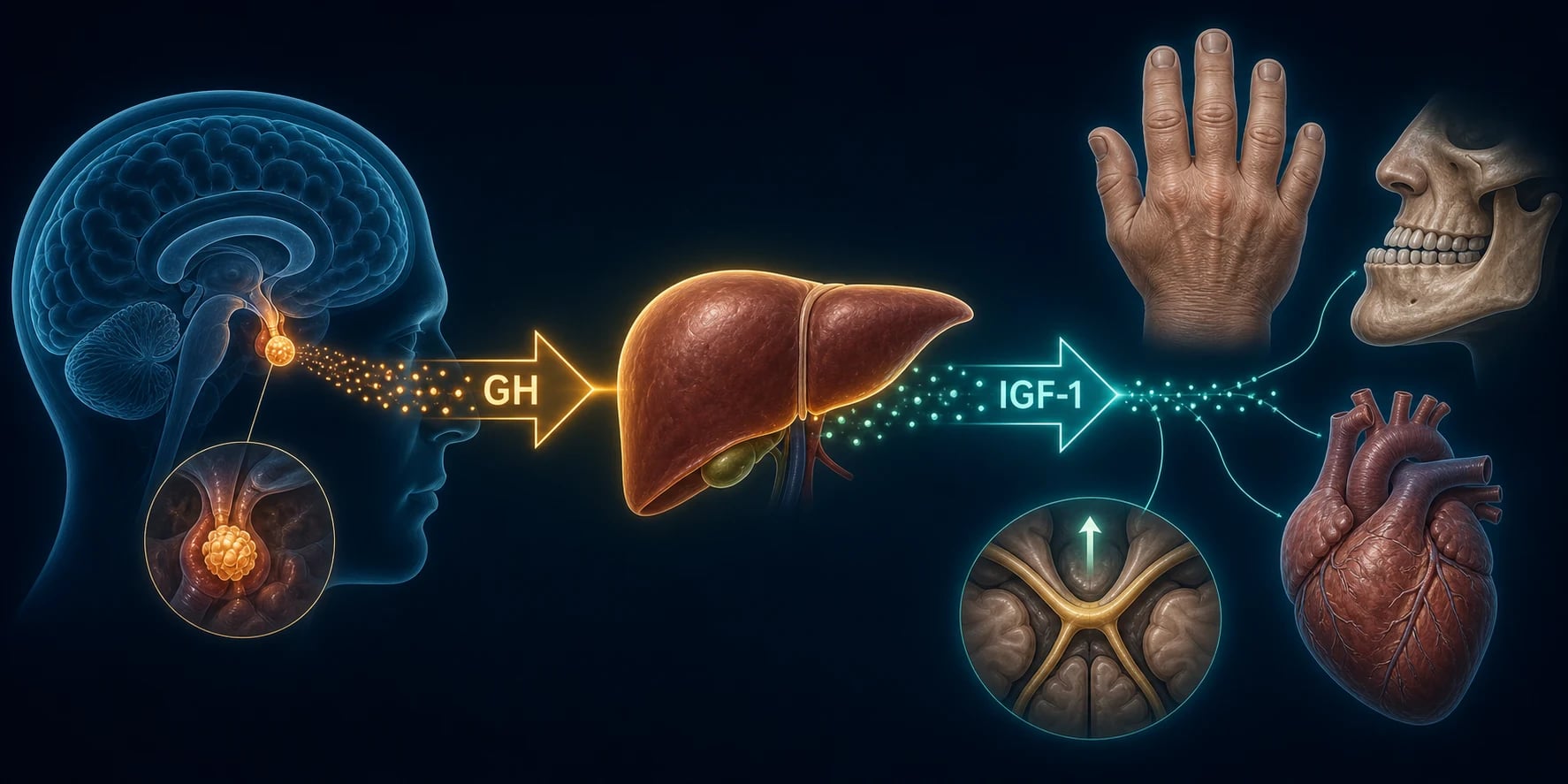 Horizontal pathway of acromegaly on a deep navy background: pituitary somatotroph adenoma with GNAS mutation, through GH to hepatic IGF-1, tissue overgrowth and diabetogenic effects