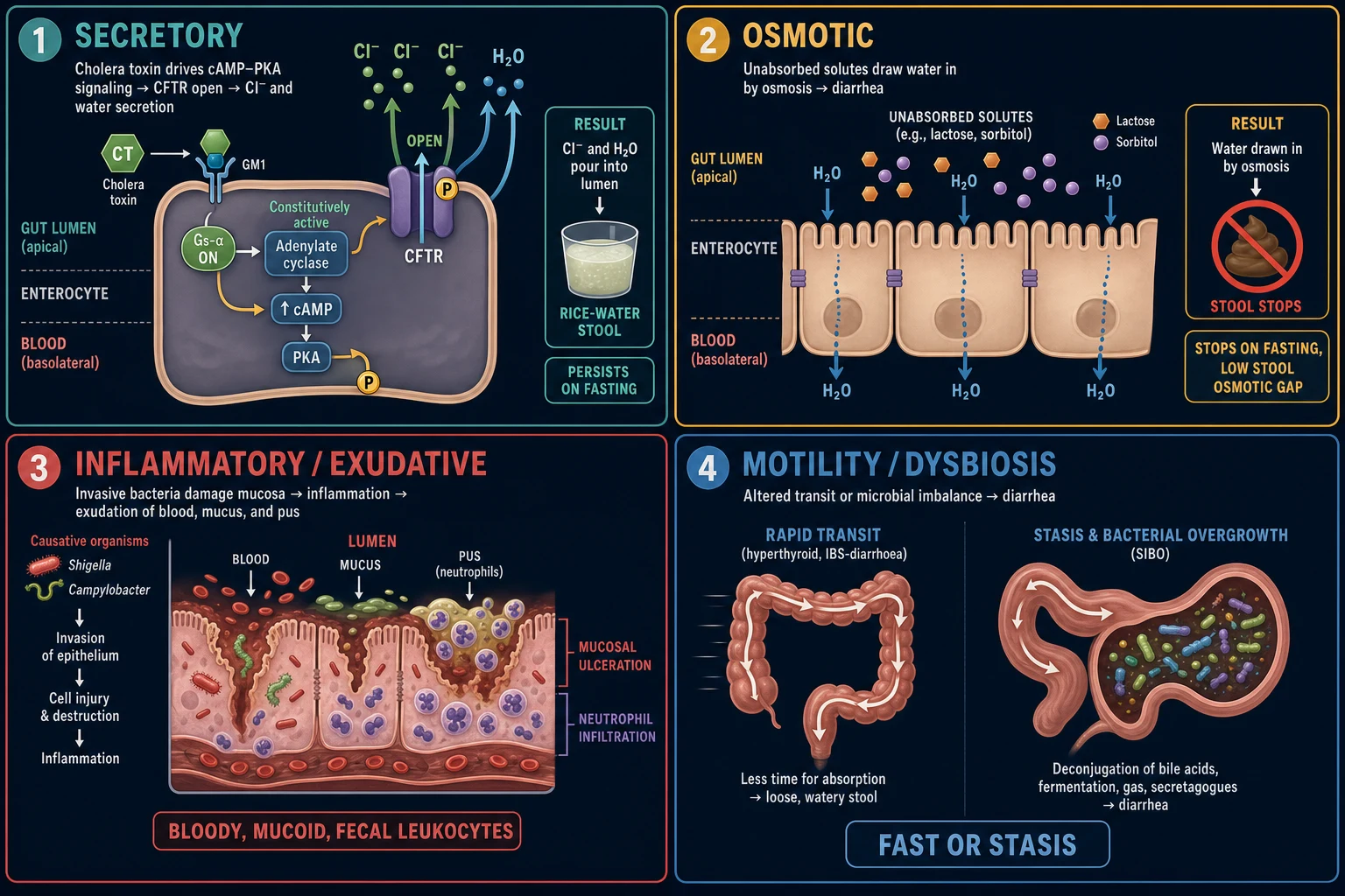 Clean four-panel medical pathophysiology infographic on a deep navy background showing secretory, osmotic, inflammatory and motility mechanisms of diarrhoea
