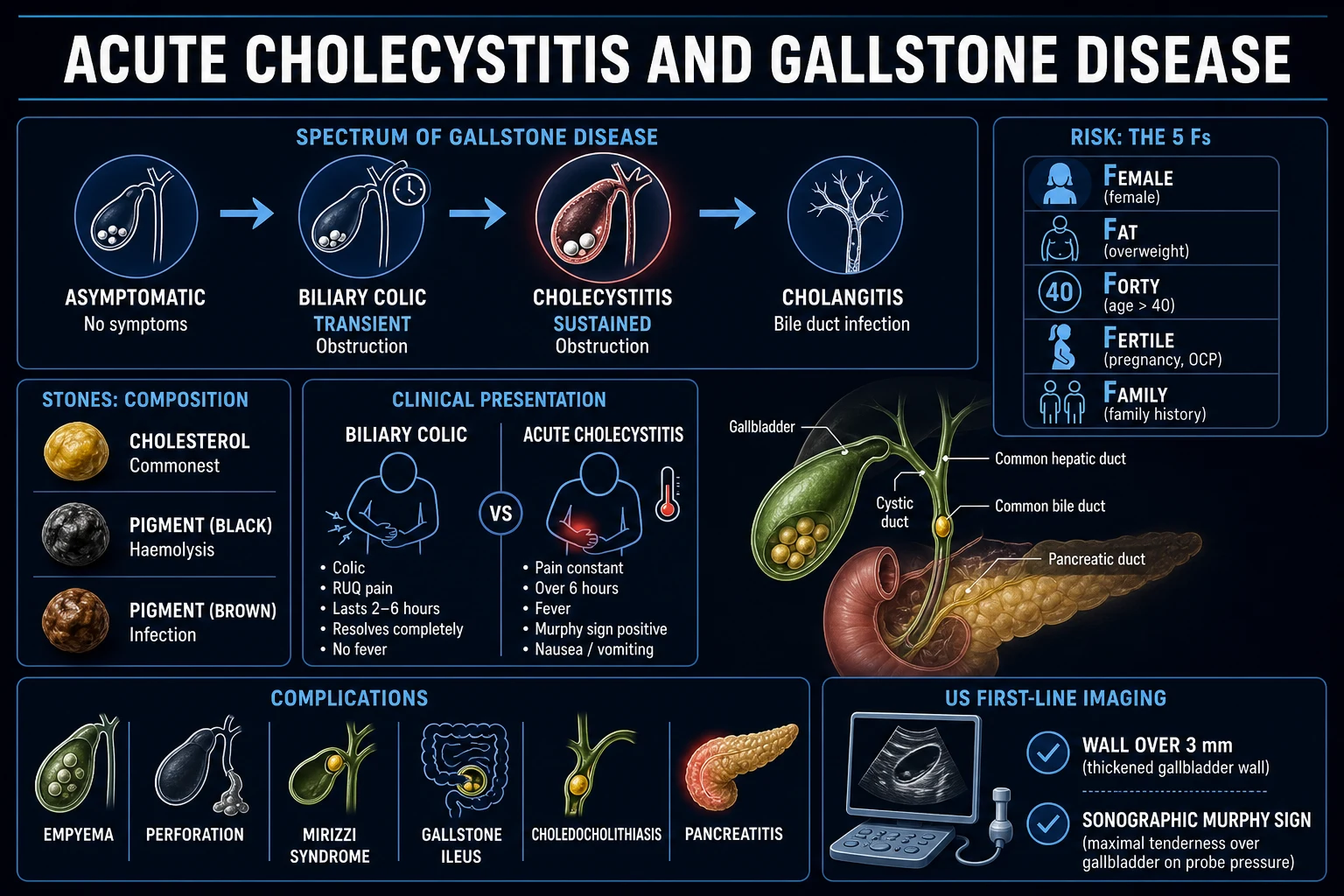 Tokyo Guidelines 2018 diagnostic criteria and ultrasound features of acute cholecystitis.