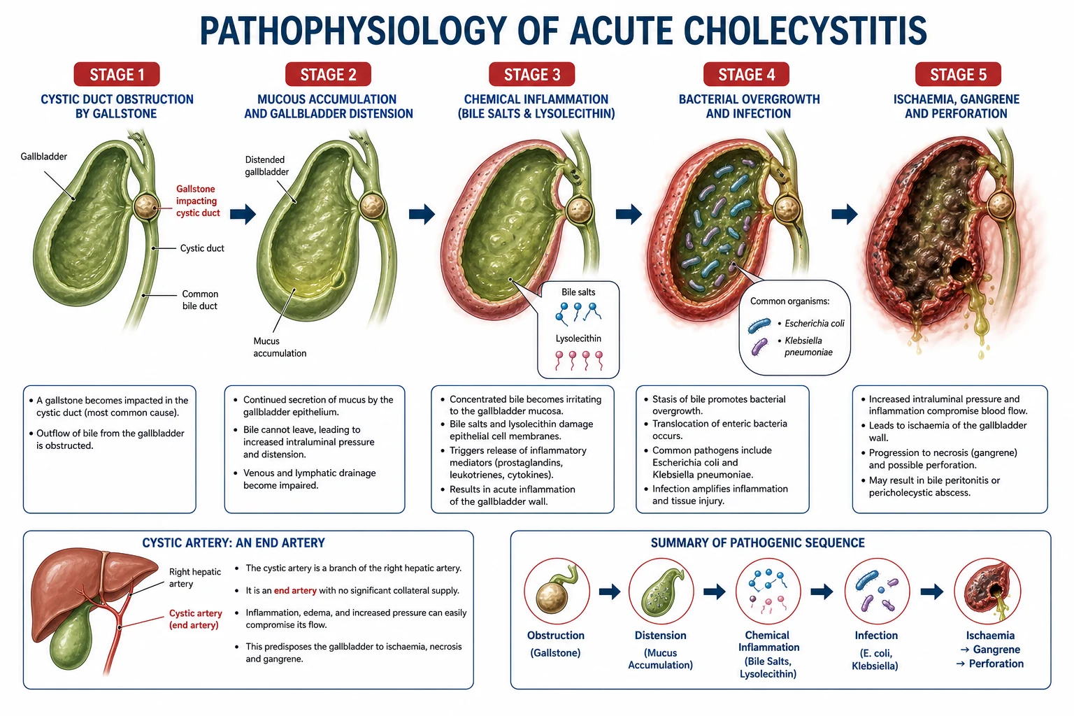 Pathophysiology cascade from stone impaction through inflammation to gangrene and perforation.