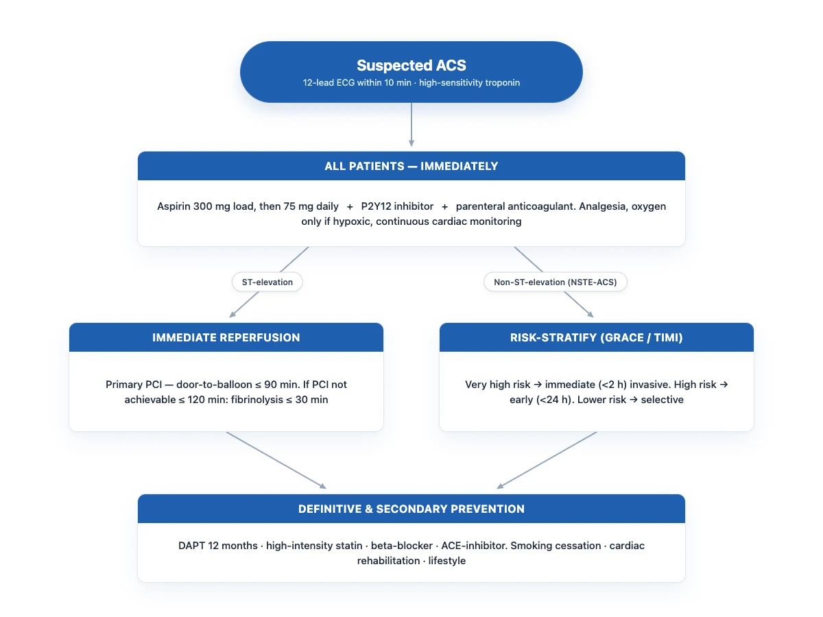 Flow diagram of acute coronary syndrome management from initial resuscitation through reperfusion to secondary prevention.