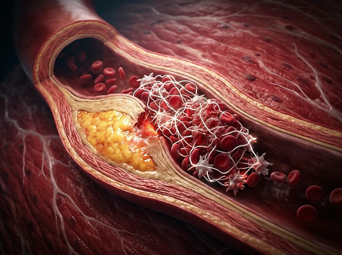 Close-up illustration of a ruptured atherosclerotic plaque with platelet aggregation and thrombus formation occluding a coronary artery.