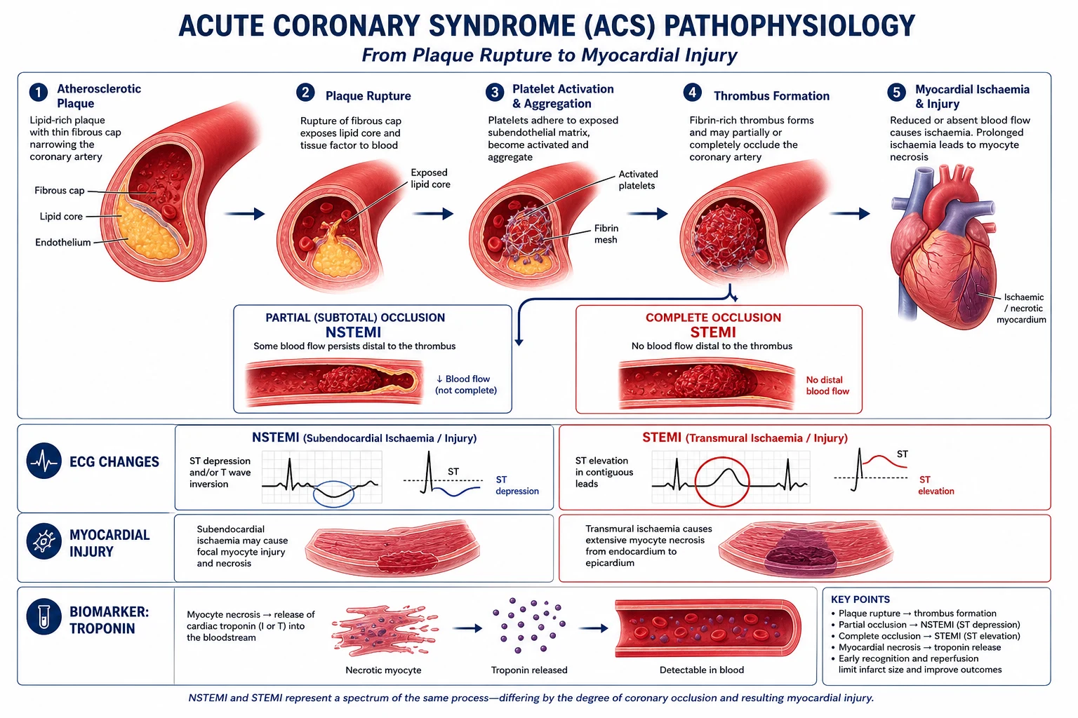 Diagram showing the wavefront of myocardial necrosis spreading from subendocardium to subepicardium after coronary occlusion, alongside ECG territory mapping to culprit arteries.