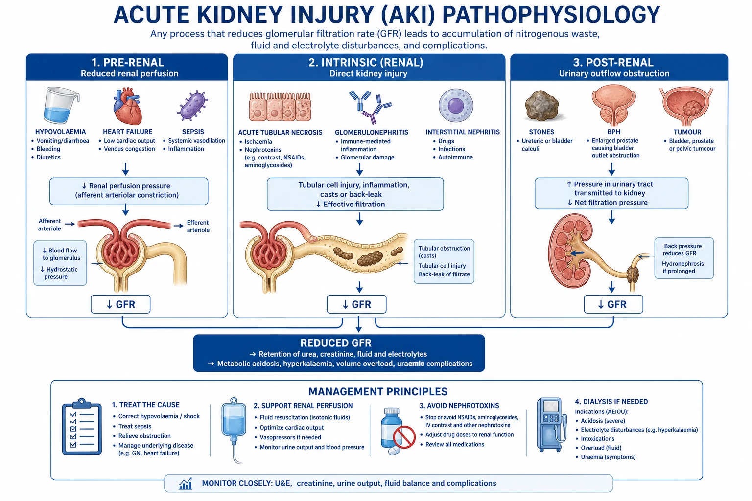 Mechanism infographic of acute tubular necrosis: ischaemia or nephrotoxin drives ATP depletion, brush-border loss, cast obstruction, back-leak of filtrate and afferent arteriolar vasoconstriction, producing a falling GFR