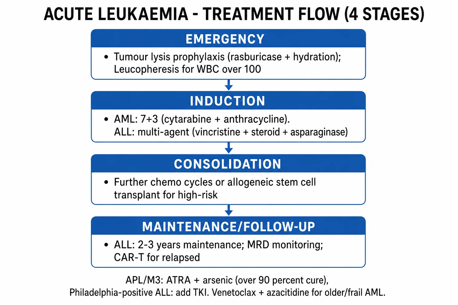 Clean management infographic: AML 7+3 (cytarabine + daunorubicin) plus midostaurin if FLT3, azacitidine + venetoclax if unfit; APL ATRA + arsenic (+ chemo if high WBC); ALL multi-agent induction (vincristine, steroids, asparaginase, anthracycline) + intrathecal CNS prophylaxis, TKI for Ph+, blinatumomab and CAR-T for relapse