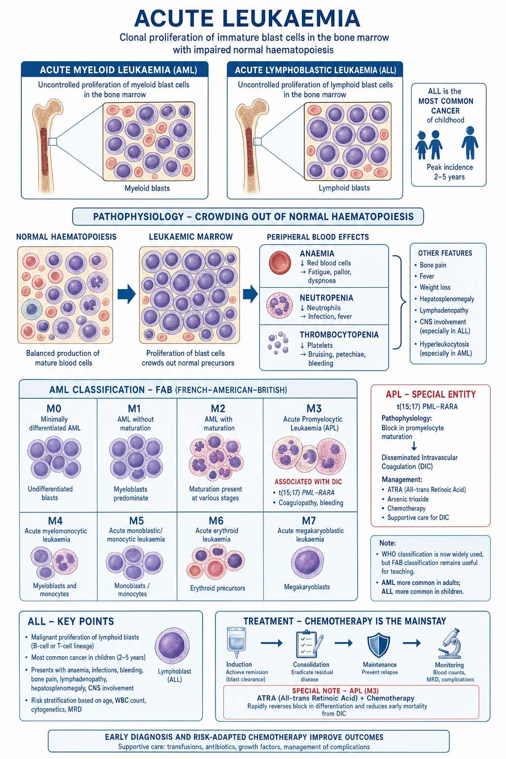 Mechanism infographic: clonal blast expansion crowding marrow; APL t(15;17) PML-RARA differentiation block at promyelocyte with faggot-cell Auer rods and DIC; ATRA/arsenic overcoming the block to terminal neutrophil; tumour lysis K/phosphate/urate release; and leucostasis white-cell thrombi in cerebral microvasculature