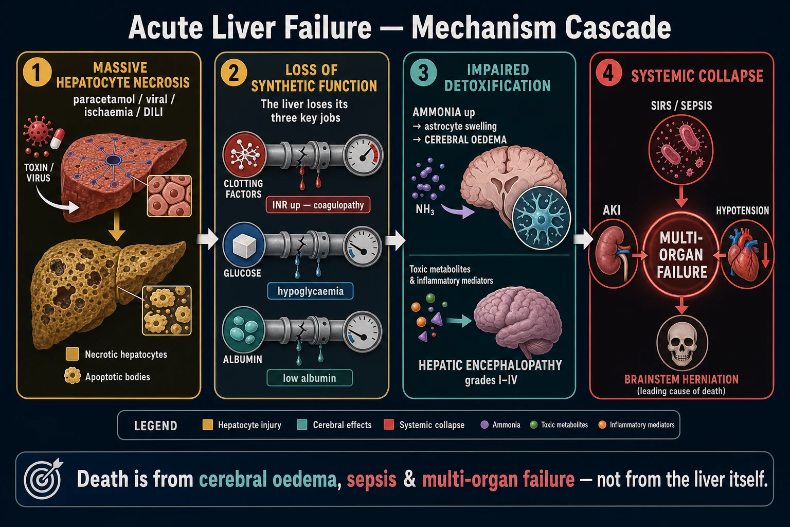 Clean mechanism infographic: massive hepatocyte necrosis to loss of synthetic function (coagulopathy, hypoglycaemia) to ammonia-astrocyte-cerebral-oedema-encephalopathy to multi-organ failure
