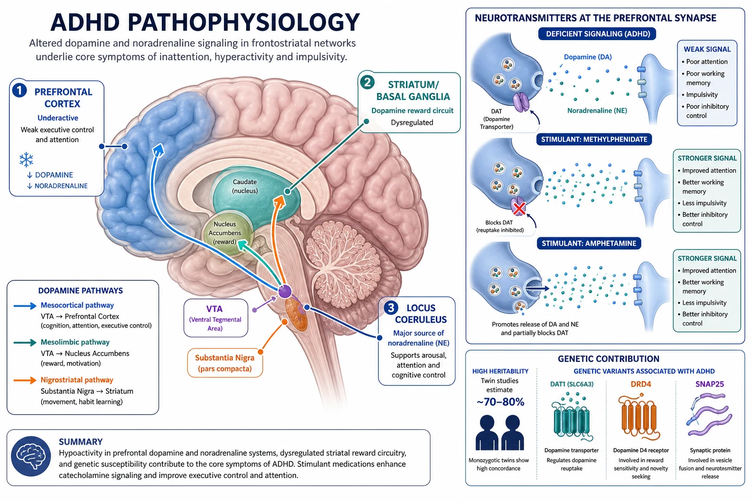 Mechanism infographic: underactive prefrontal cortex (dimmed) with dysregulated dopamine/noradrenaline signalling; mesocortical, mesolimbic, nigrostriatal pathways; stimulants restoring catecholamine tone; DAT1/DRD4 genes; inverted-U curve