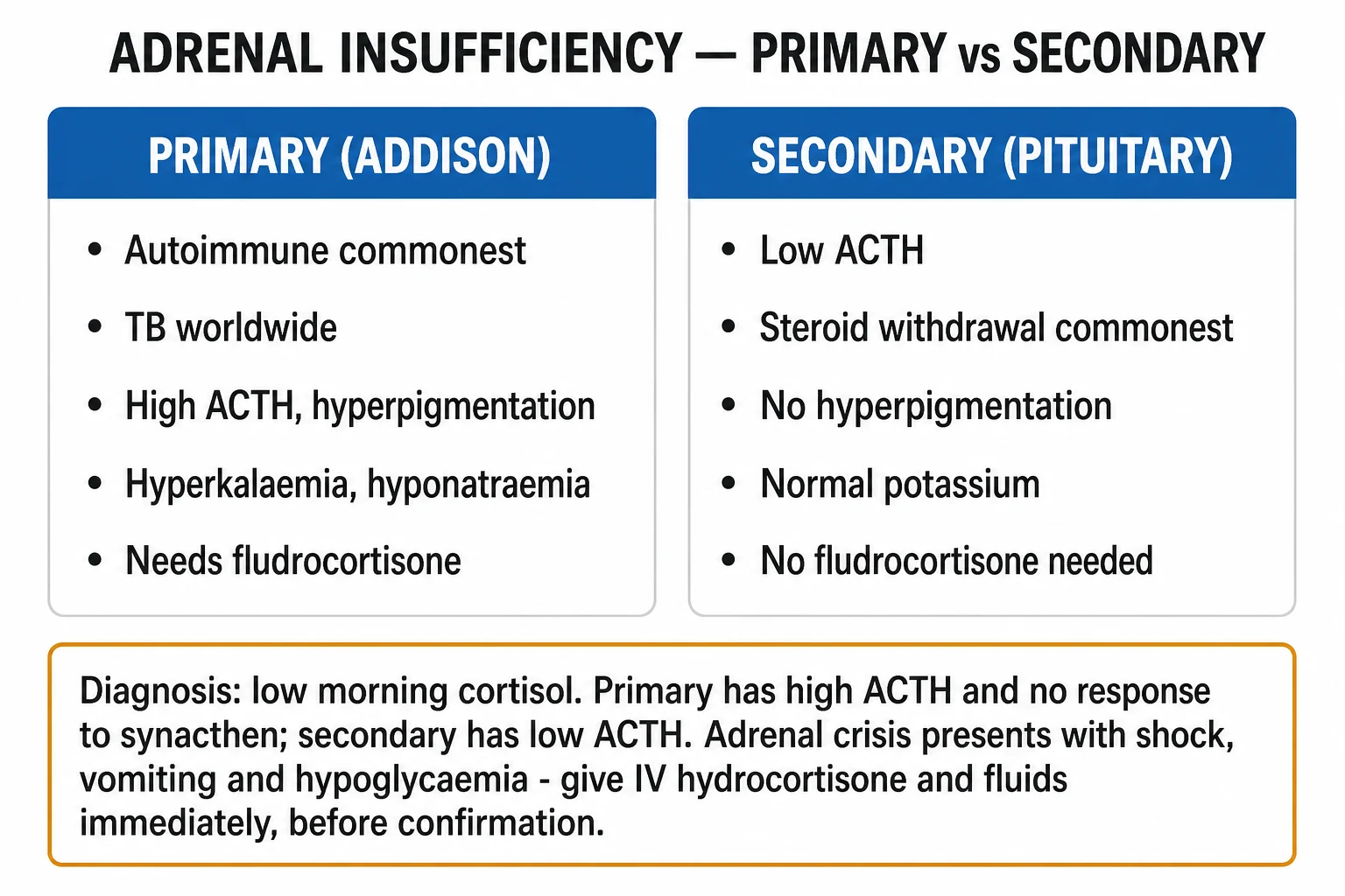 Classification of adrenal insufficiency by level: primary (adrenal — autoimmune, TB, CAH, haemorrhage, drugs, infiltrative), secondary (pituitary — adenoma, Sheehan, surgery), tertiary (hypothalamus and chronic steroid therapy); shown with cortisol, ACTH, aldosterone, potassium and pigment patterns