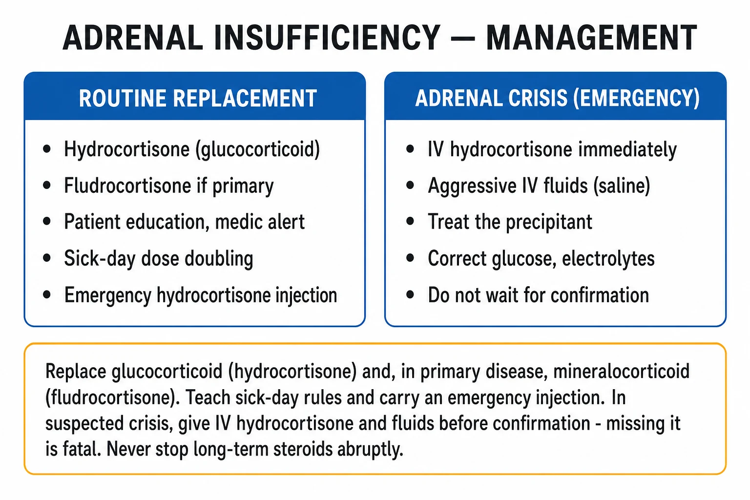 Management ladder: adrenal crisis resuscitation bundle (ABCDE, parenteral hydrocortisone bolus then continuous infusion, isotonic saline, treat the precipitant, ICU), maintenance therapy (divided-dose hydrocortisone plus once-daily fludrocortisone in primary AI), sick-day rules (stress dosing, emergency injectable preparation if vomiting), perioperative glucocorticoid cover