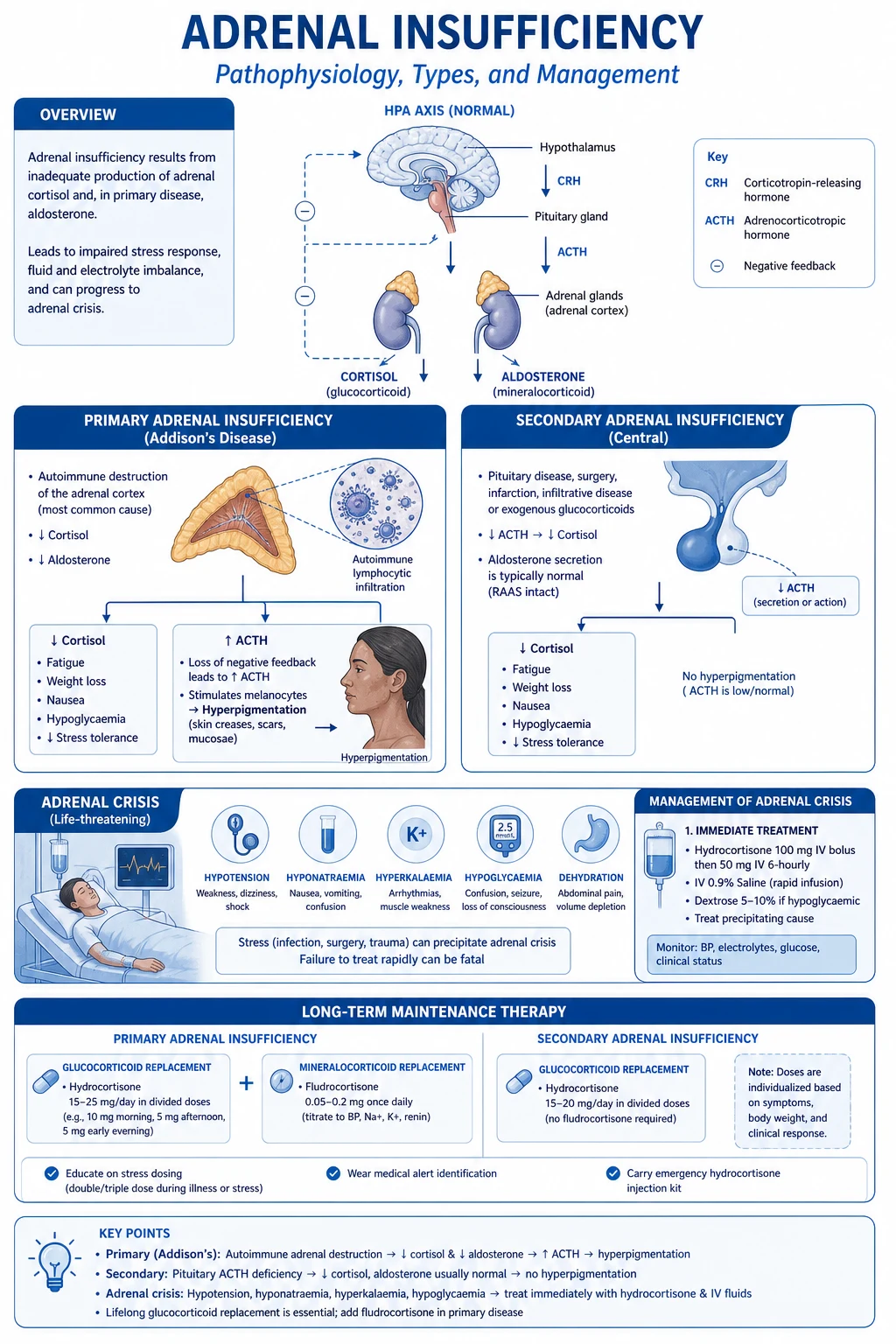 Pathophysiology of adrenal insufficiency: HPA axis with primary AI (adrenal destruction: autoimmune anti-21-hydroxylase, TB granuloma, CAH 21-OH block, haemorrhage) producing low cortisol + aldosterone + high ACTH/MSH causing hyperpigmentation; secondary AI (pituitary) and tertiary (chronic steroid suppression) producing low ACTH but preserved aldosterone; molecular cascade of cortisol on GR and aldosterone on mineralocorticoid receptor