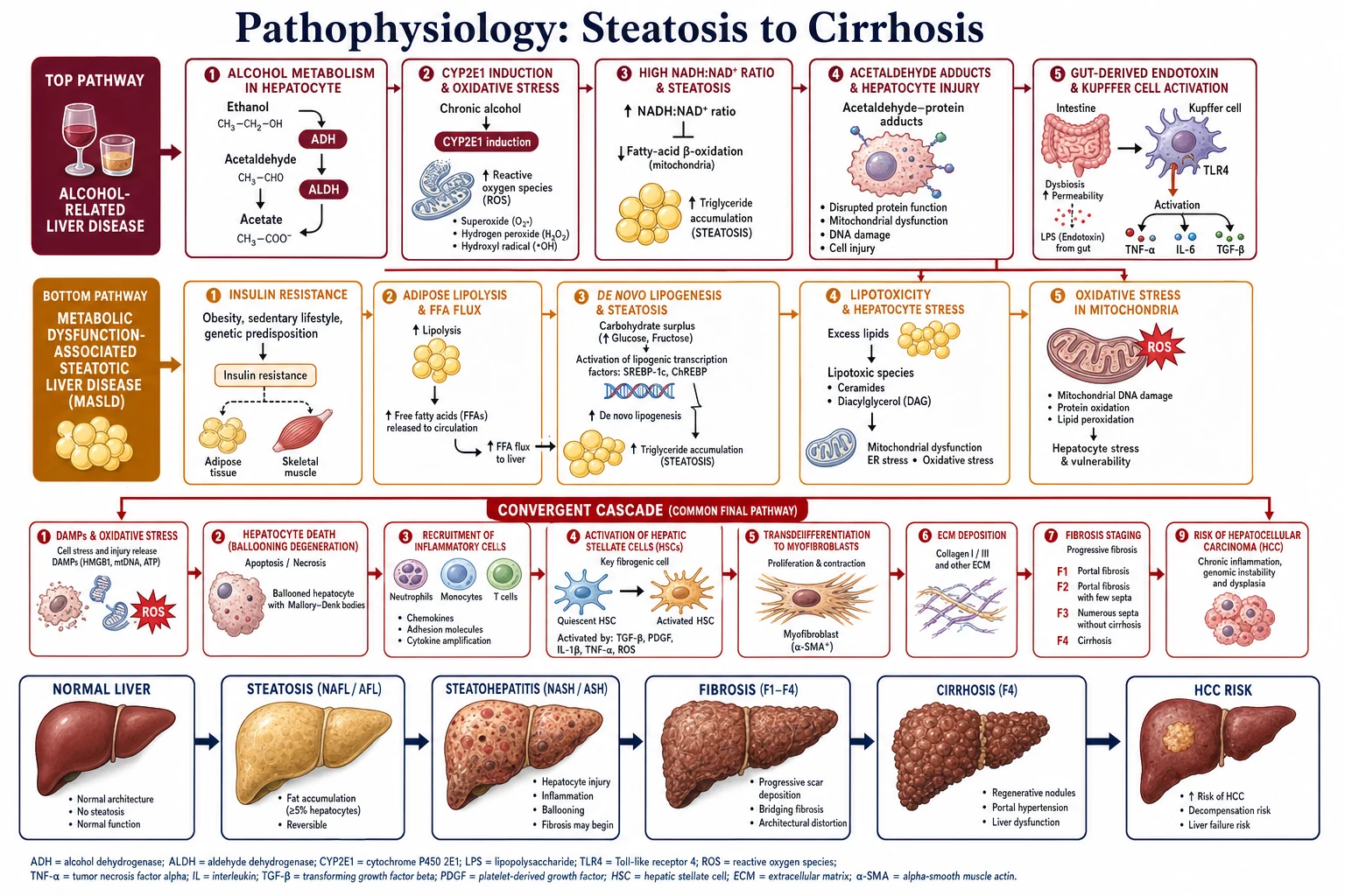 Medical textbook pathophysiology infographic of two parallel pathways (alcohol and MASLD) converging on stellate cell activation, fibrosis and cirrhosis