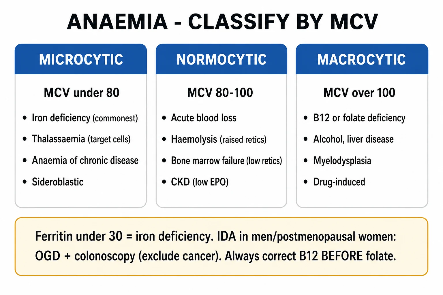 Decision tree classifying anaemia by mean corpuscular volume into microcytic, normocytic and macrocytic branches with key causes and discriminating laboratory tests