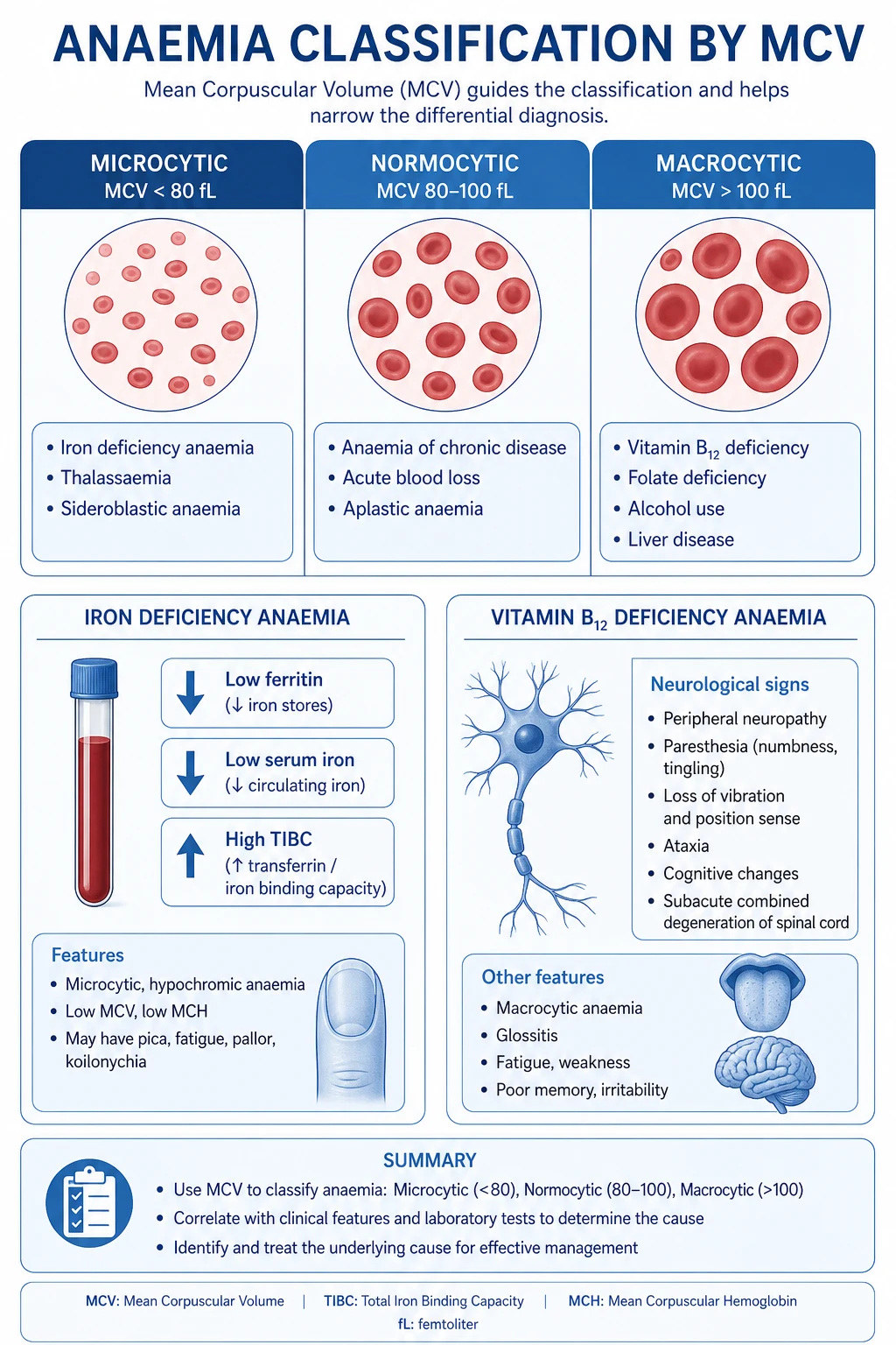Diagram showing iron absorption via DMT1 and ferroportin in the duodenum, hepcidin regulation of ferroportin, transferrin transport to marrow, and the erythropoiesis cascade with reticulocyte formation; plus the megaloblastic mechanism of B12/folate deficiency causing nuclear-cytoplasmic asynchrony
