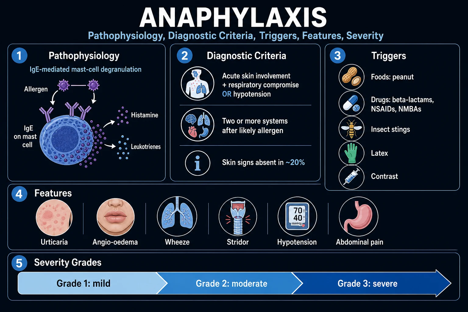 Clean infographic of anaphylaxis triggers, mechanisms, and temporal patterns with the NIAID-FAAN three diagnostic criteria