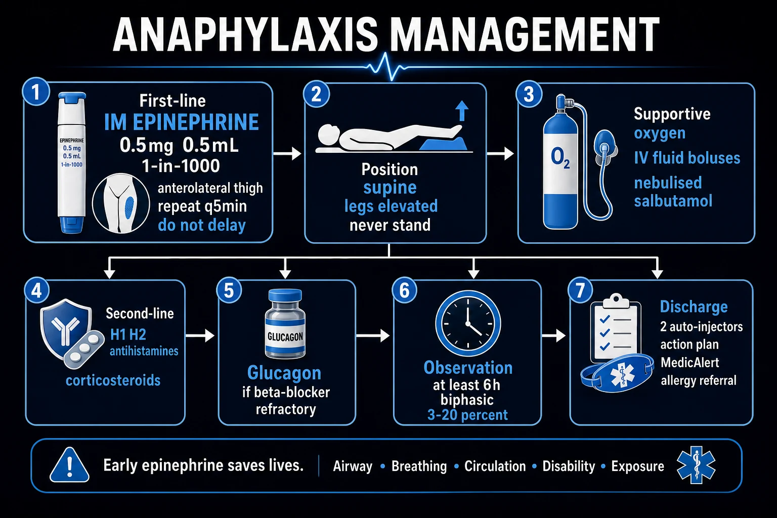 Clean management infographic: ABCDE approach, IM adrenaline anterolateral thigh, repeat dosing, supine legs raised, IV crystalloid, adjuncts, and the escalation pathway to IV adrenaline infusion and glucagon