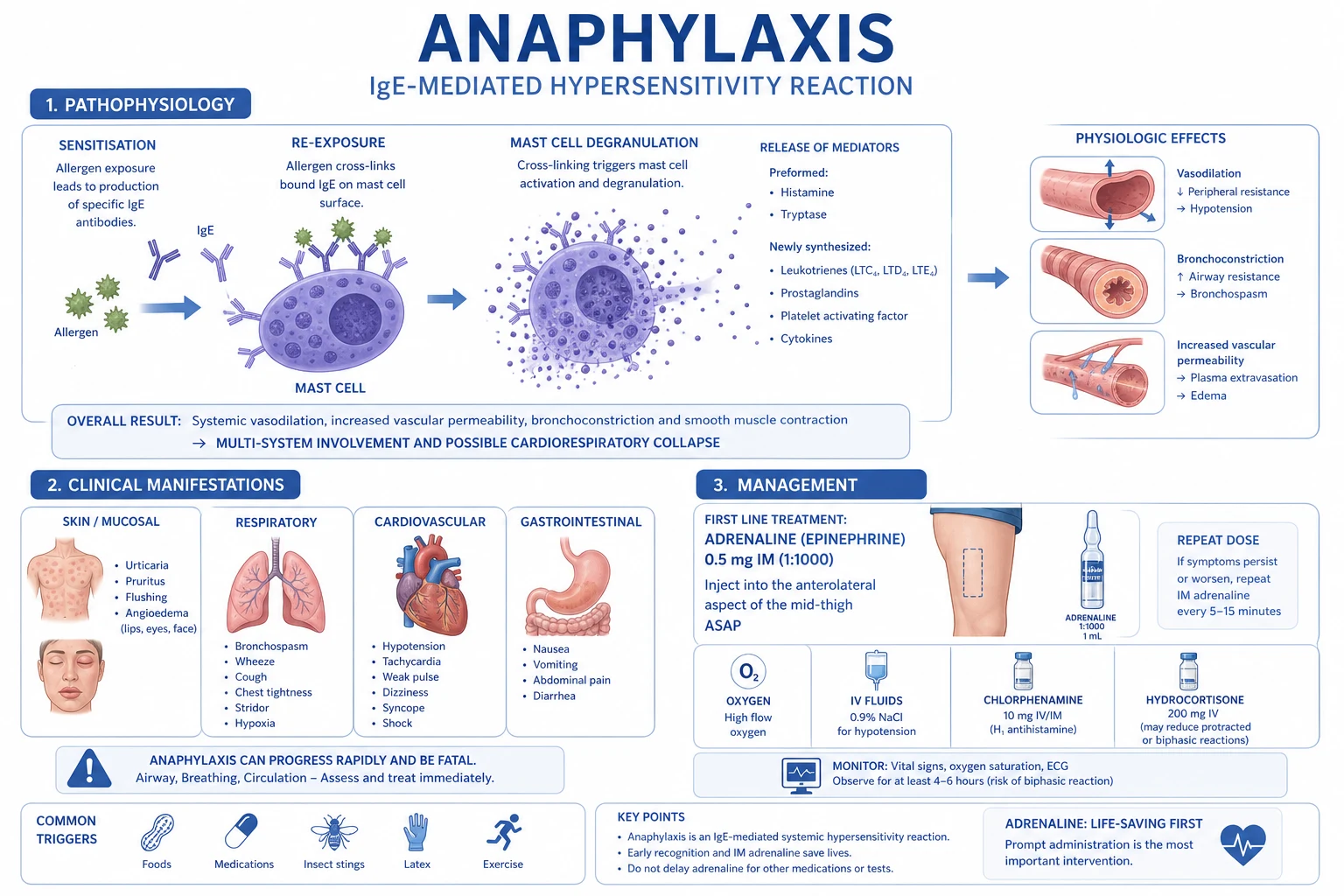 Clean modern medical diagram of mast-cell degranulation: IgE cross-linking on FcεRI, calcium influx, granule exocytosis, and arachidonic-acid pathway producing the four life-threatening end-organ effects, with an adrenaline inset