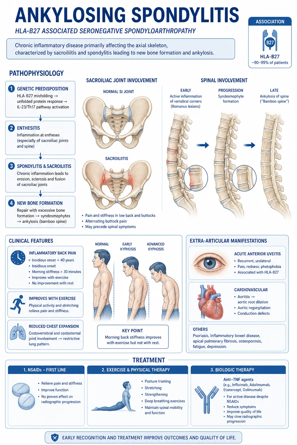 Mechanism infographic: HLA-B27 misfolding and arthritogenic peptide, entheseal IL-23/IL-17 axis, erosion to syndesmophyte to bamboo spine, Wnt/DKK-1 bone-formation paradox, MRI bone-marrow oedema