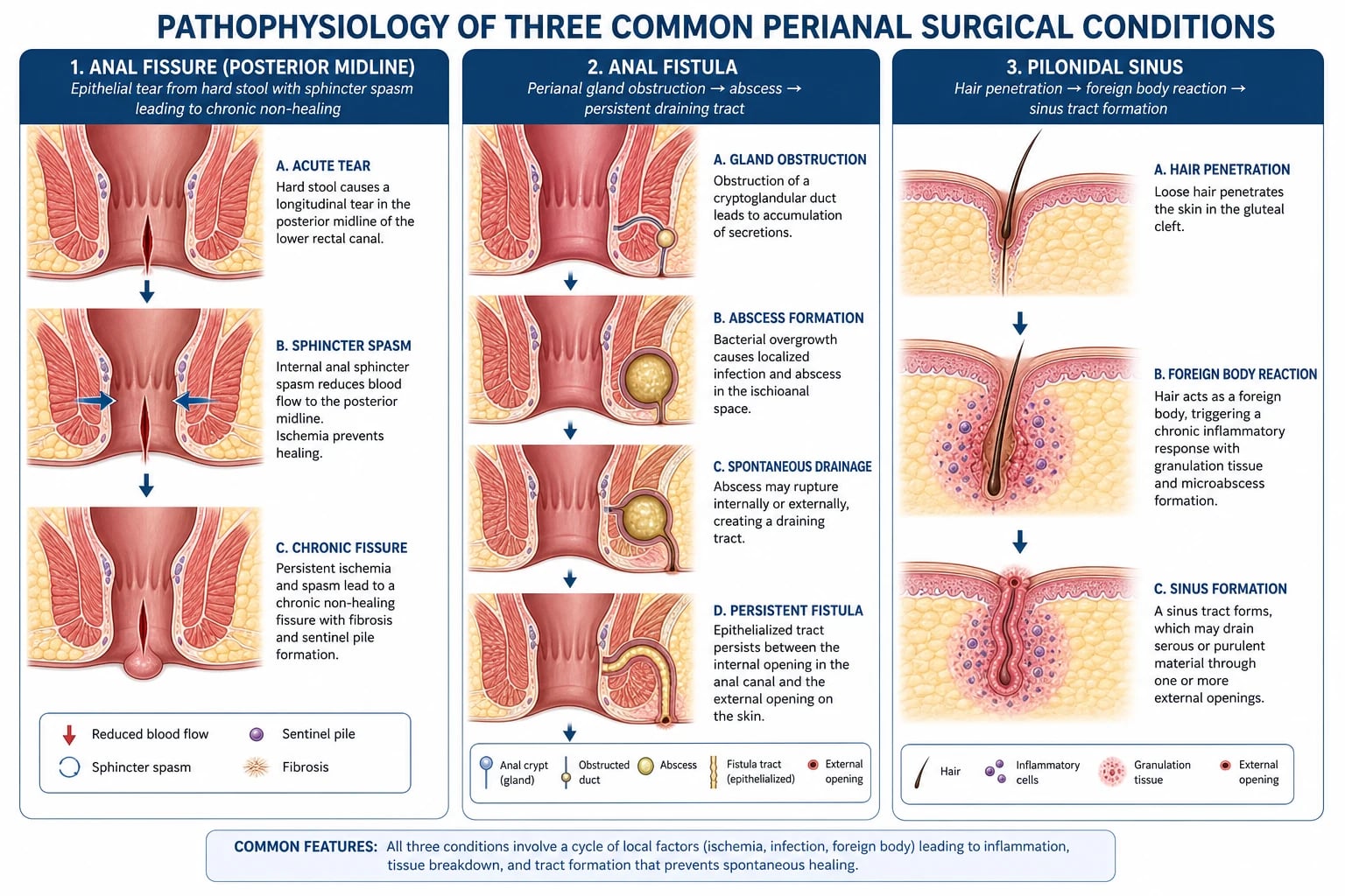 Mechanistic diagram of anal fissure ischaemia cycle, cryptoglandular fistula formation, and pilonidal hair-driven sinus.