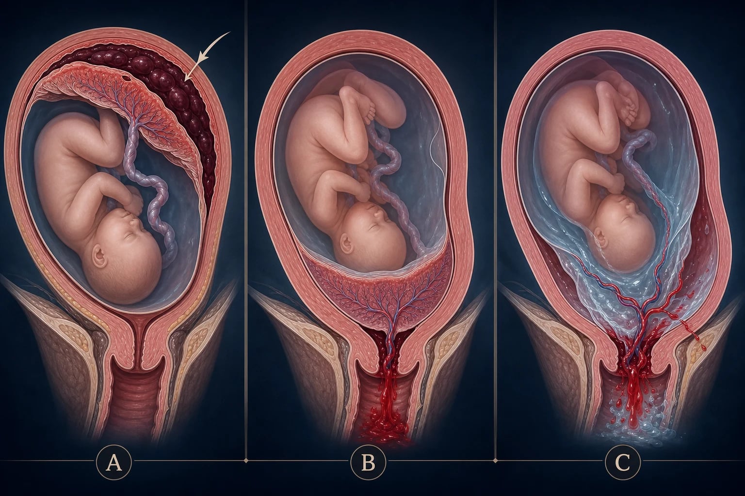 Three-panel comparative schematic of the pathological mechanisms: retroplacental clot of abruption, low praevia shearing from the lower segment, and fetal vessels tearing across the membranes in vasa praevia