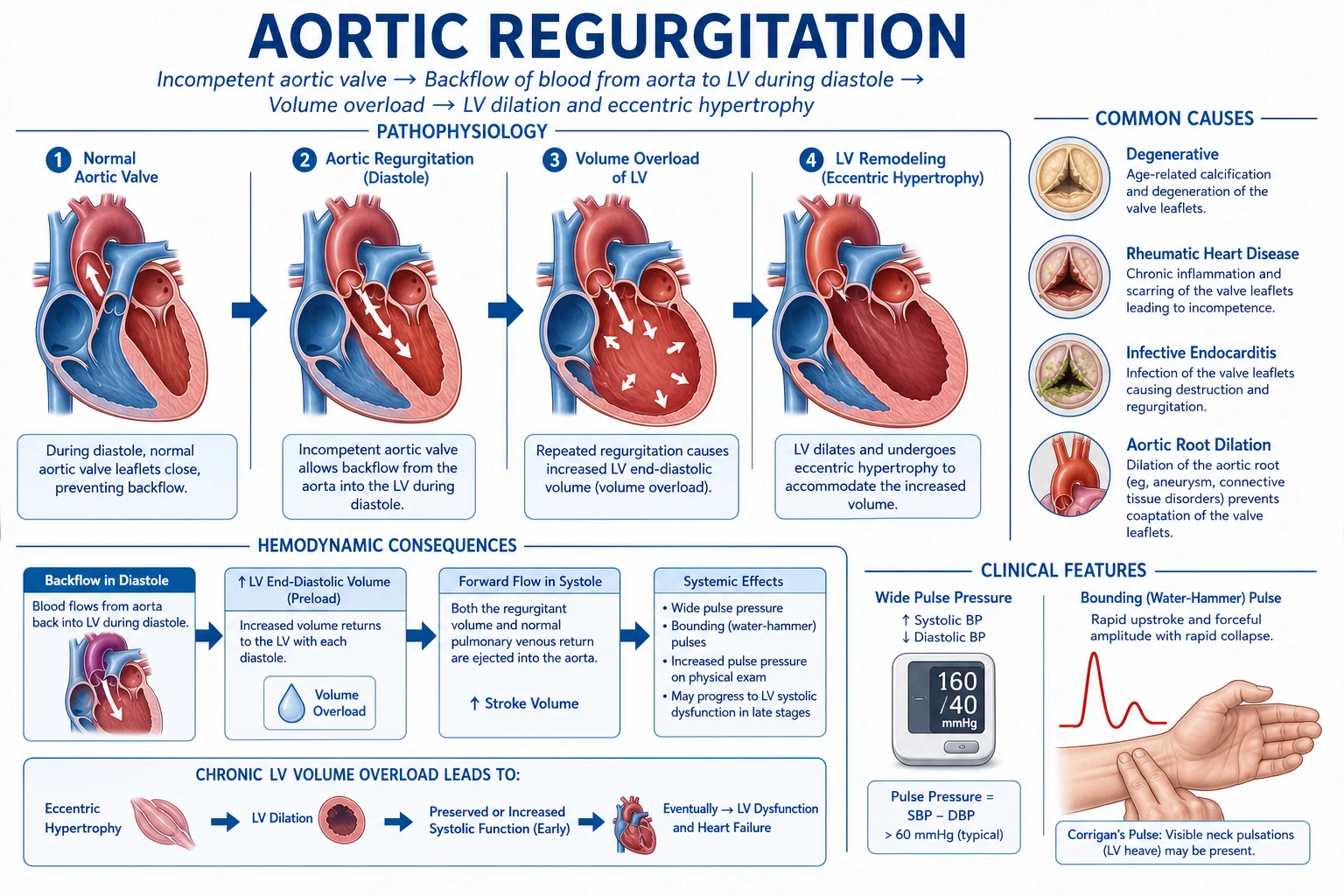 Side-by-side mechanism infographic: chronic AR with eccentric hypertrophy, wide pulse pressure and preserved EF vs acute AR with no remodelling, pulmonary oedema and absent peripheral signs