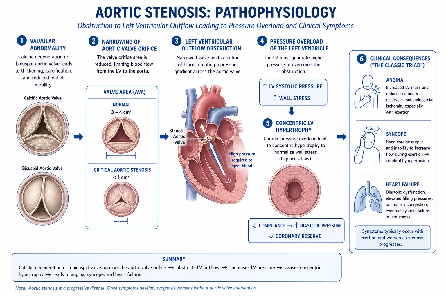 Schematic of AS pathophysiology: stenotic valve raising LV systolic pressure, concentric LV hypertrophy, reduced coronary flow reserve, diastolic and then systolic dysfunction, with arrows to angina, syncope and heart failure