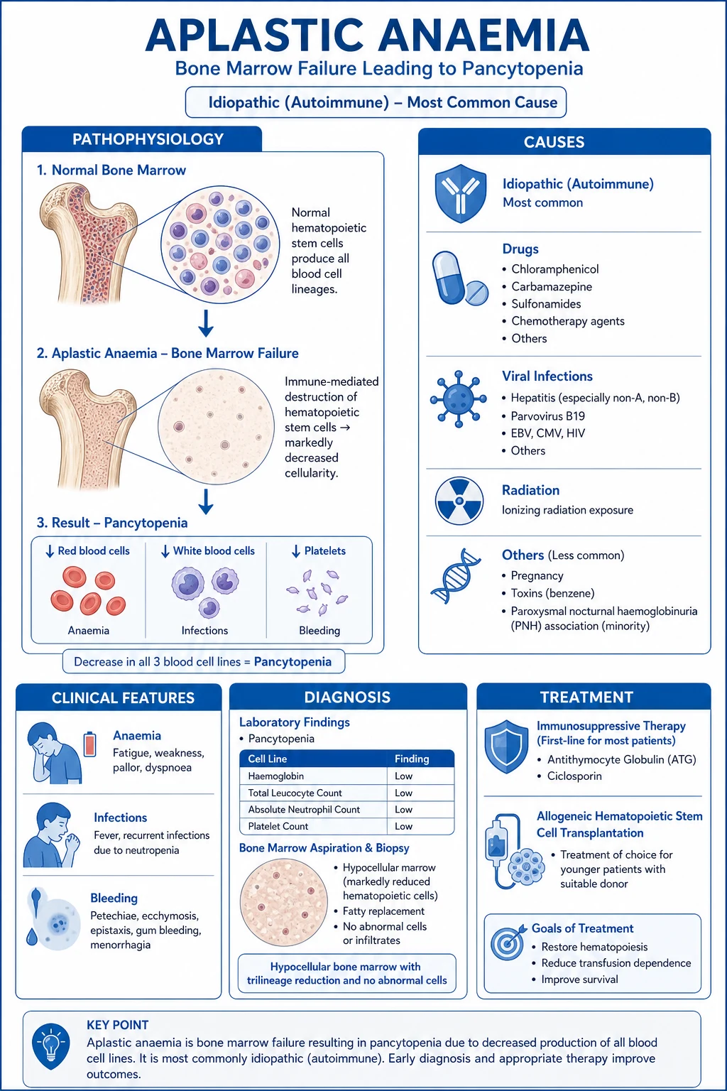 Mechanism infographic: oligoclonal cytotoxic CD8 T cells releasing interferon-gamma and TNF-alpha that induce apoptosis of CD34+ stem cells through Fas-FasL and cell-cycle arrest, leading to fatty hypocellular marrow