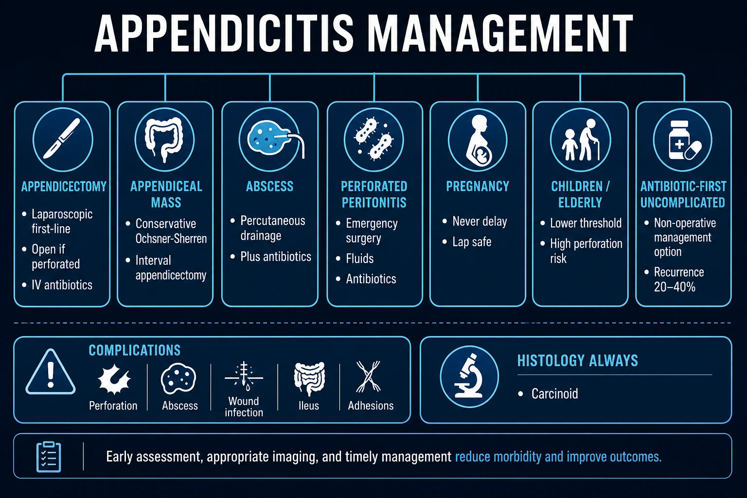 Management algorithm: uncomplicated (laparoscopic appendectomy), appendicular mass (conservative then interval), abscess (drain), perforated peritonitis (emergency laparotomy), antibiotic-first (CODA).