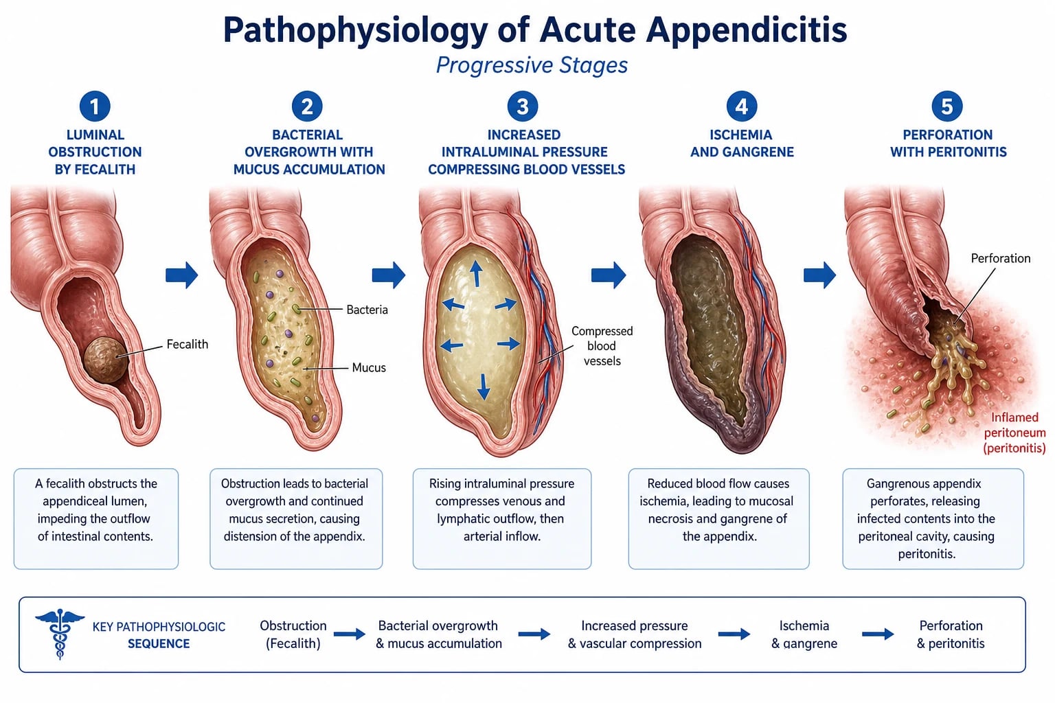 Progressive pathophysiology of appendicitis from luminal obstruction through gangrene to perforation and peritonitis.