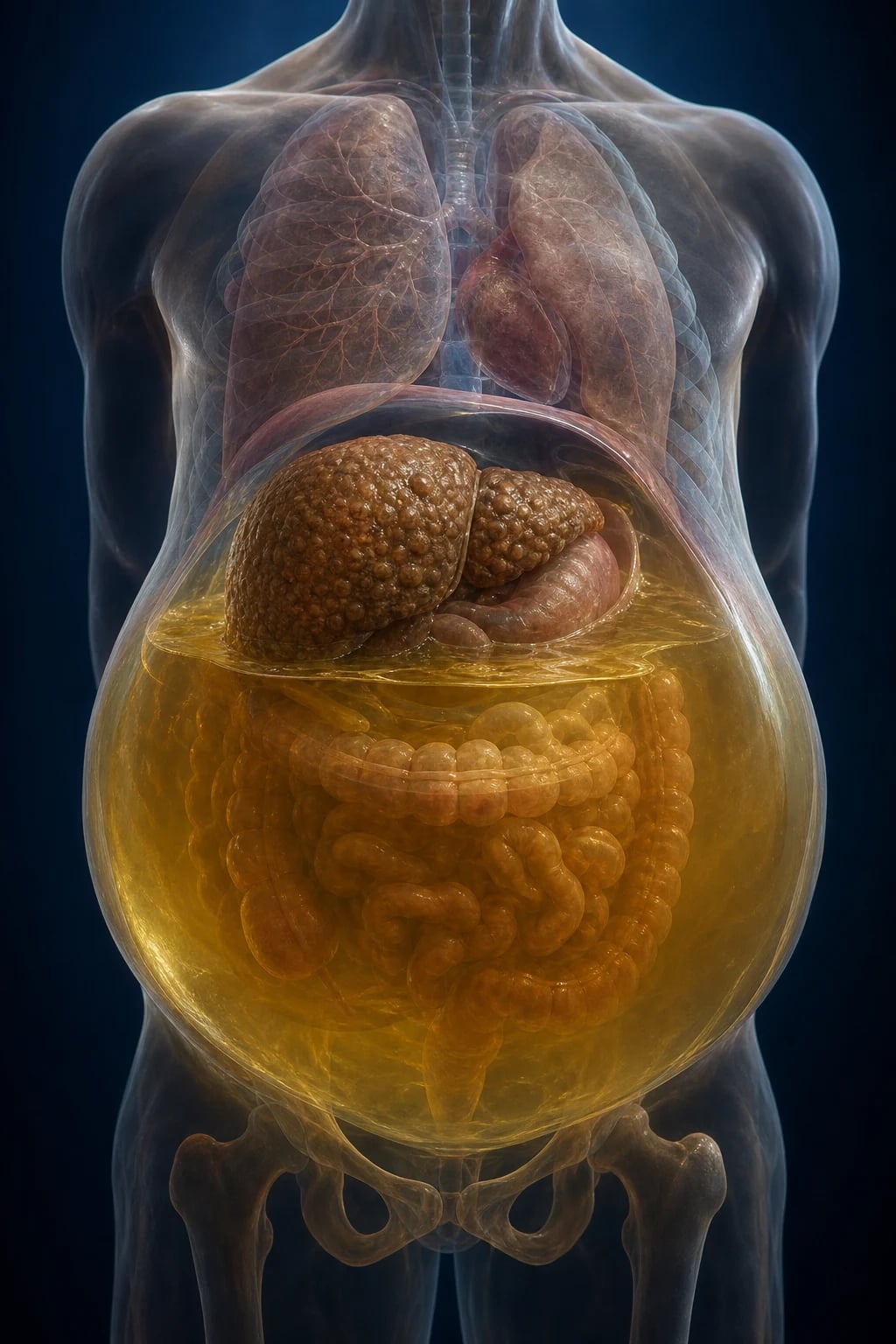 Diagnostic algorithm showing ascites split by SAAG (1.1 g/dL threshold) into portal-hypertensive and non-portal causes, then refined by total protein and special fluid tests, with severity grades 1 to 3 and Child-Pugh and MELD-Na scoring
