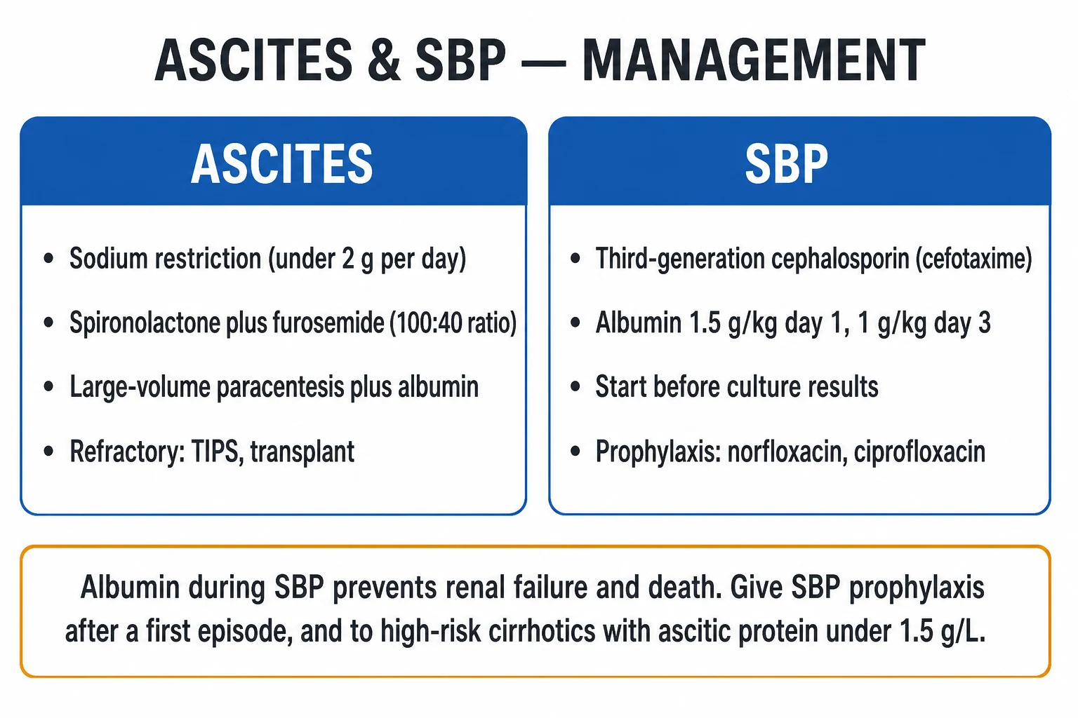Stepwise management ladder for cirrhotic ascites: diagnostic paracentesis and SAAG classification, then sodium restriction and combined spironolactone with furosemide, large-volume paracentesis with albumin replacement over 5 litres, TIPS for refractory ascites, and liver transplantation as definitive therapy, with a parallel SBP bundle of cefotaxime plus albumin and norfloxacin prophylaxis