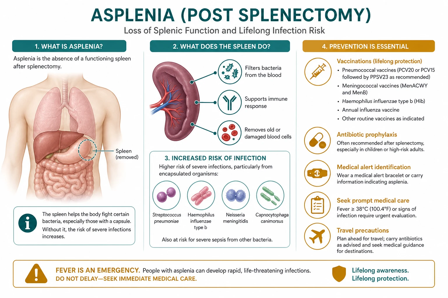 Mechanism infographic: encapsulated bacteria in blood, splenic marginal zone B-cell IgM response, complement opsonisation, macrophage clearance in red pulp; contrasted with asplenic failure