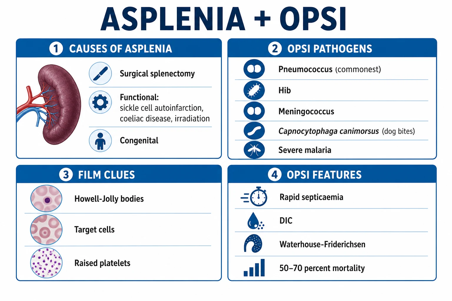 Clean management infographic: three pillars of asplenia care — vaccination schedule, lifelong antibiotic prophylaxis, patient education and emergency fever plan