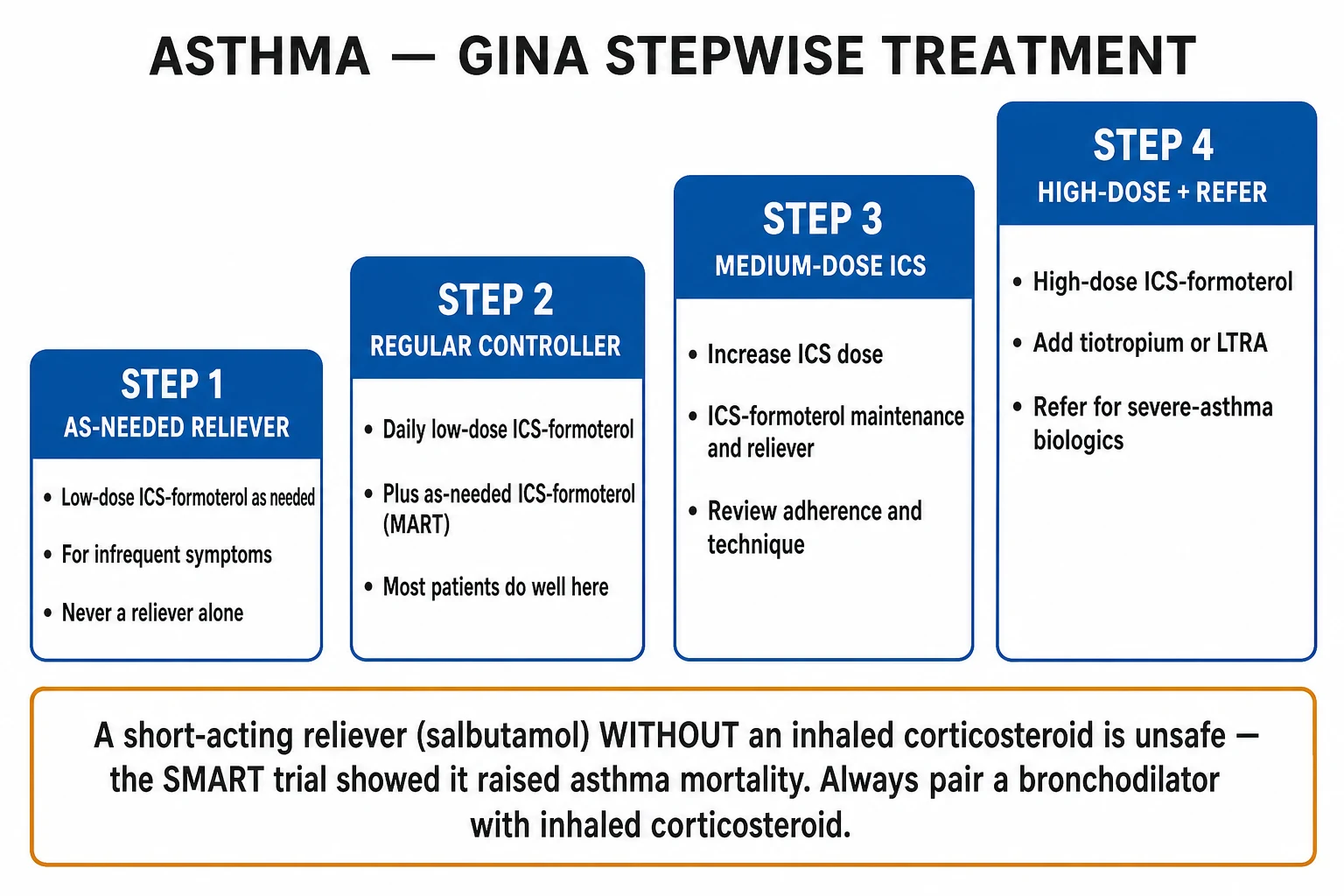 GINA 2024 stepwise management: Step 1 to 5 with ICS-formoterol MART track and add-on biologics