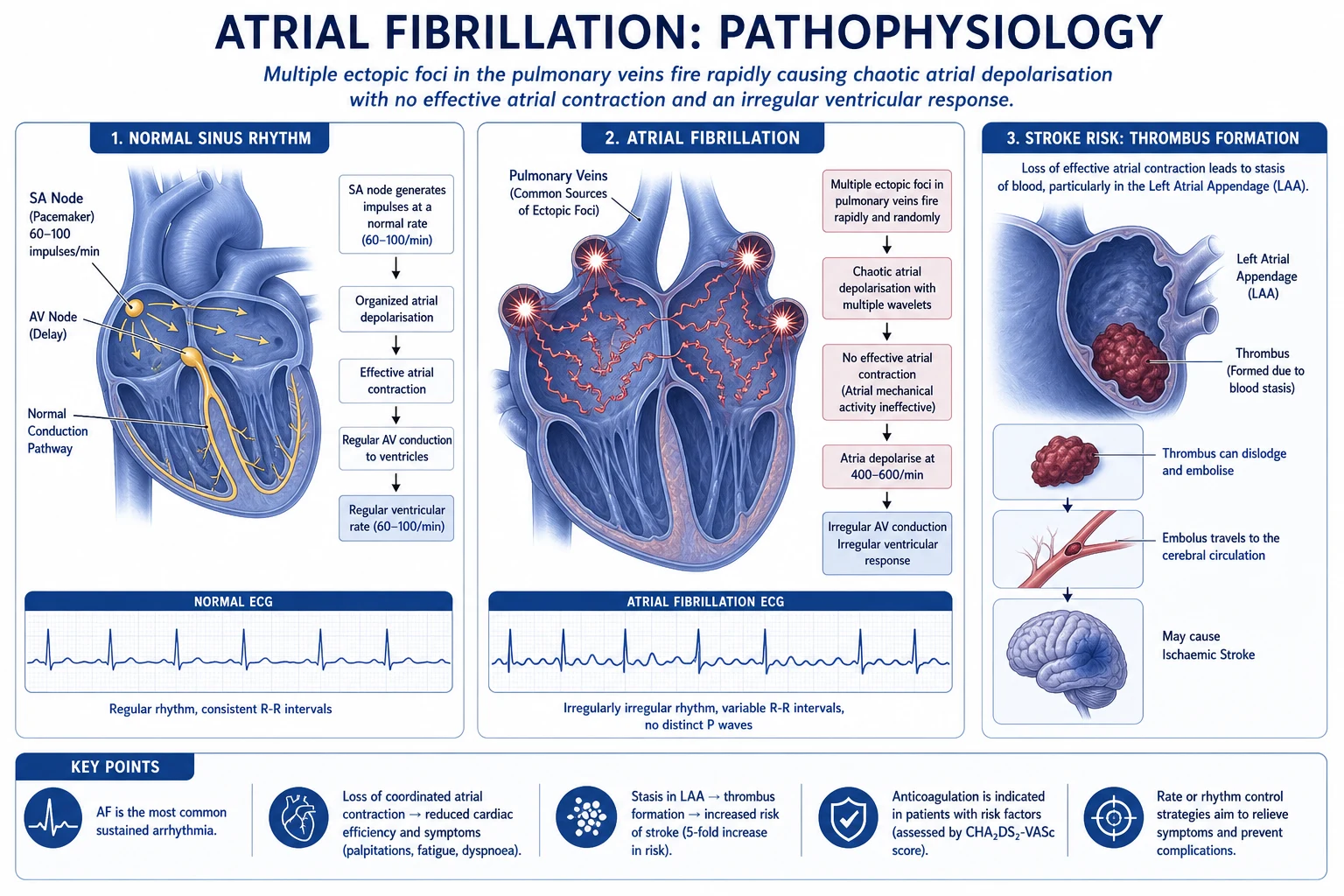 Diagram of pulmonary vein triggers and re-entrant wavelets sustaining atrial fibrillation, plus left atrial appendage thrombus formation.