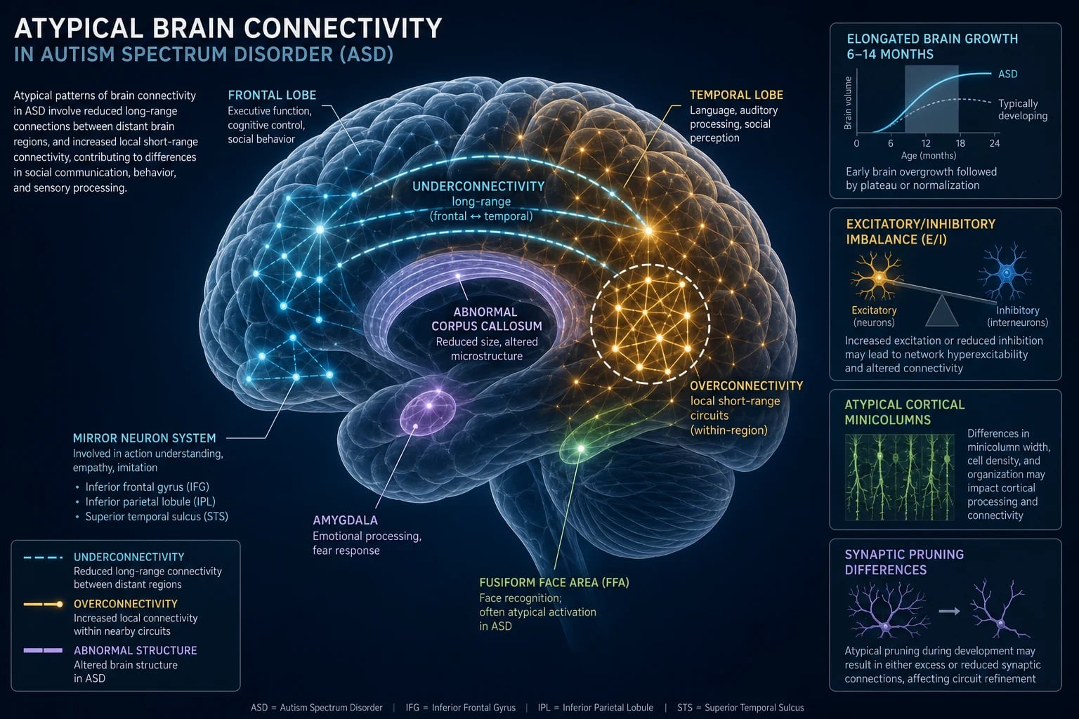 Clean schematic of ASD pathophysiology: polygenic + rare variants, prenatal brain overgrowth, altered minicolumns, E/I imbalance, long-range under-connectivity with local over-connectivity
