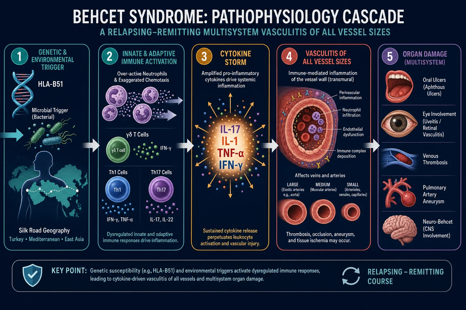 Clean horizontal pathophysiology infographic: genetic trigger to immune cascade to organ damage in five numbered stages, deep navy background
