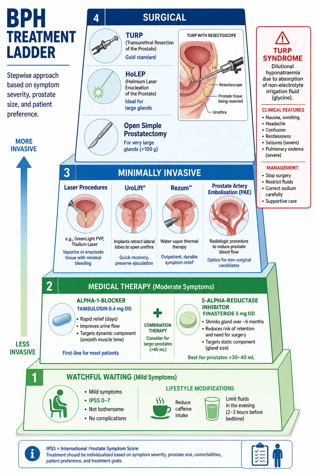 Stepwise treatment ladder from watchful waiting through medical therapy to minimally invasive therapies and surgical options including TURP and HoLEP.