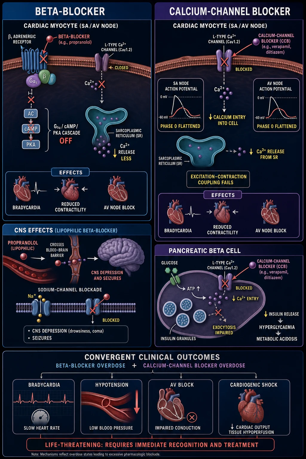 Medical educational figure of the molecular pathophysiology of beta-blocker and calcium-channel-blocker overdose inside a cardiac myocyte and pancreatic beta cell: two parallel mechanisms with the convergence to cardiogenic shock