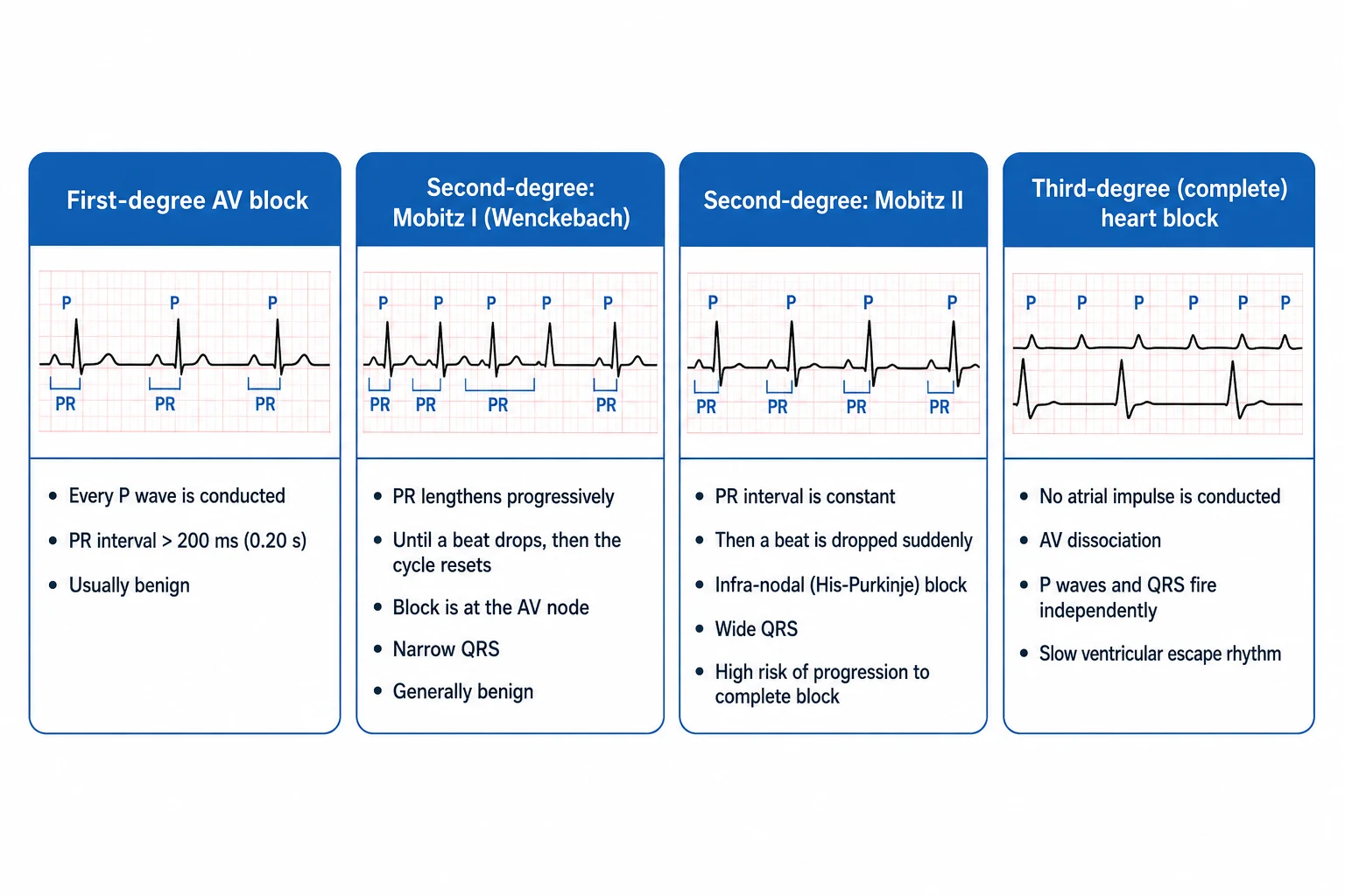 Hierarchical classification infographic showing sinus node dysfunction and atrioventricular block with ECG and pacing requirements
