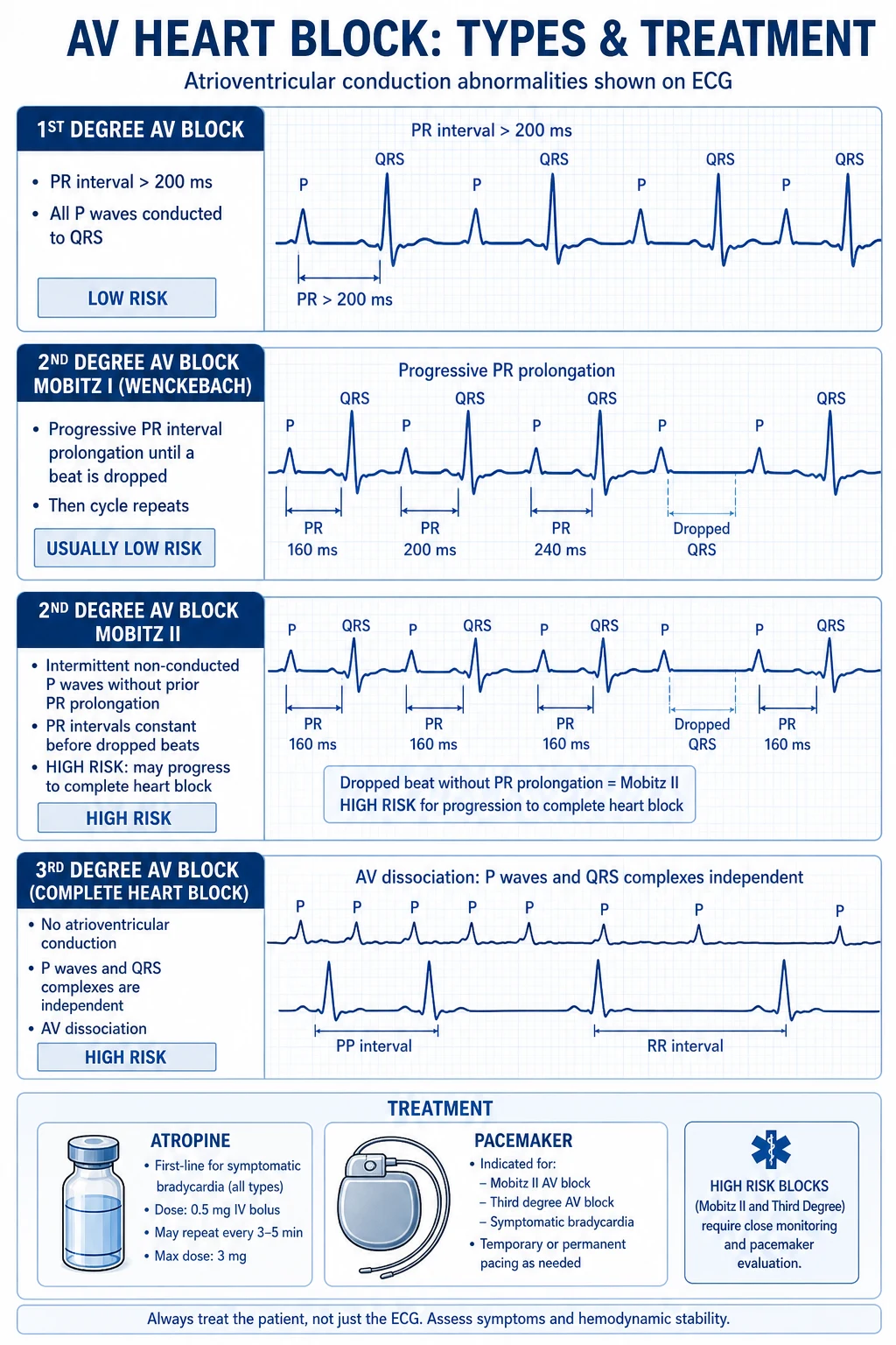 Pathophysiology infographic showing SA node, AV node and His-Purkinje system with blood supply, vagal innervation, and block patterns