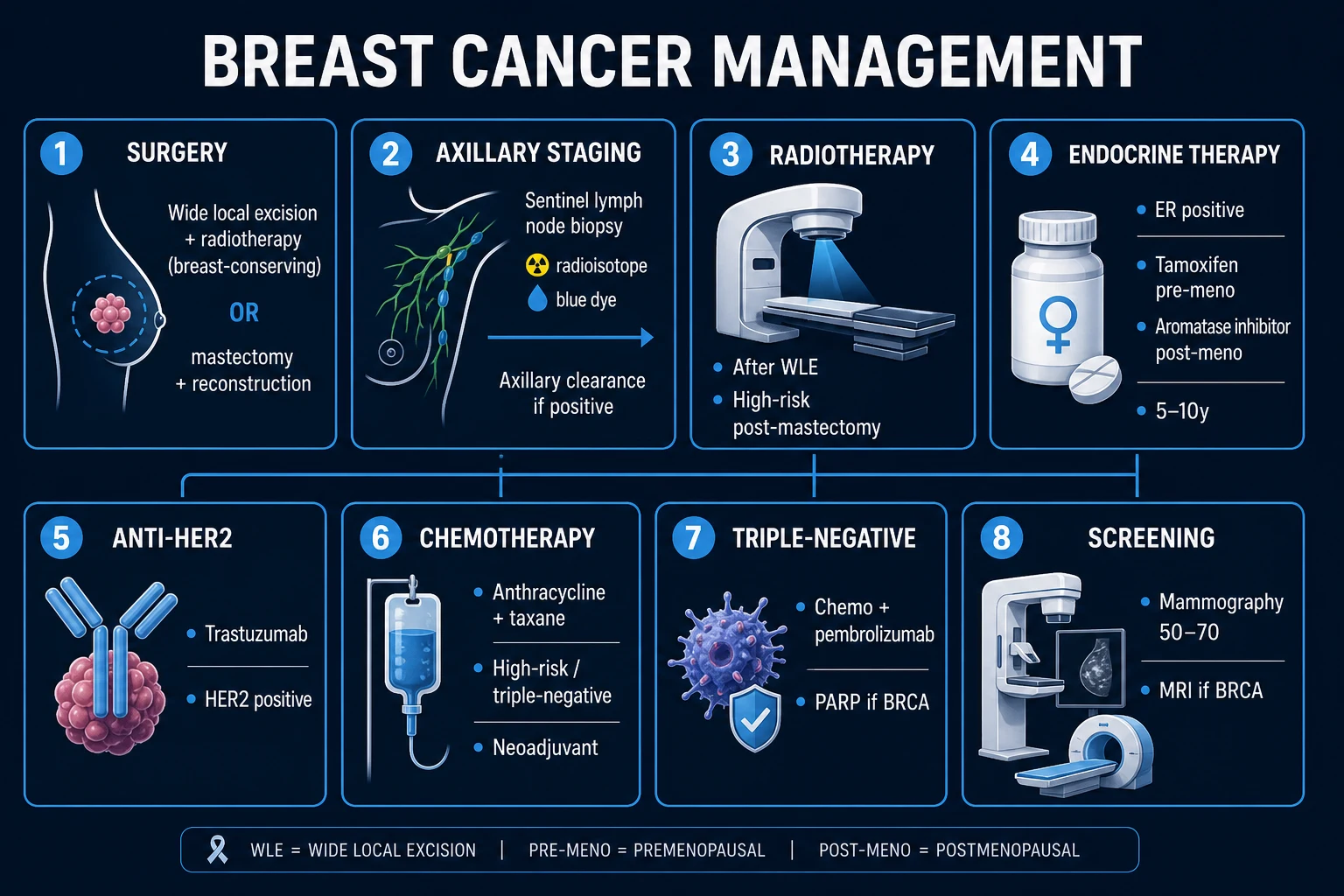 Breast cancer management algorithm by stage and receptor status.
