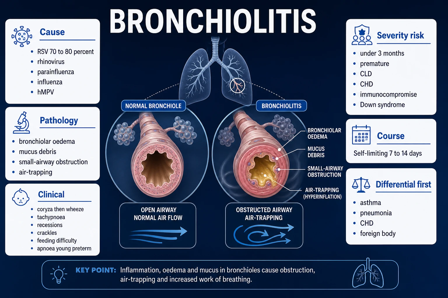 Bronchiolitis severity ladder from mild to severe showing SpO2 thresholds, work of breathing, feeding, mental state, apnoea, and corresponding level of care from home to PICU