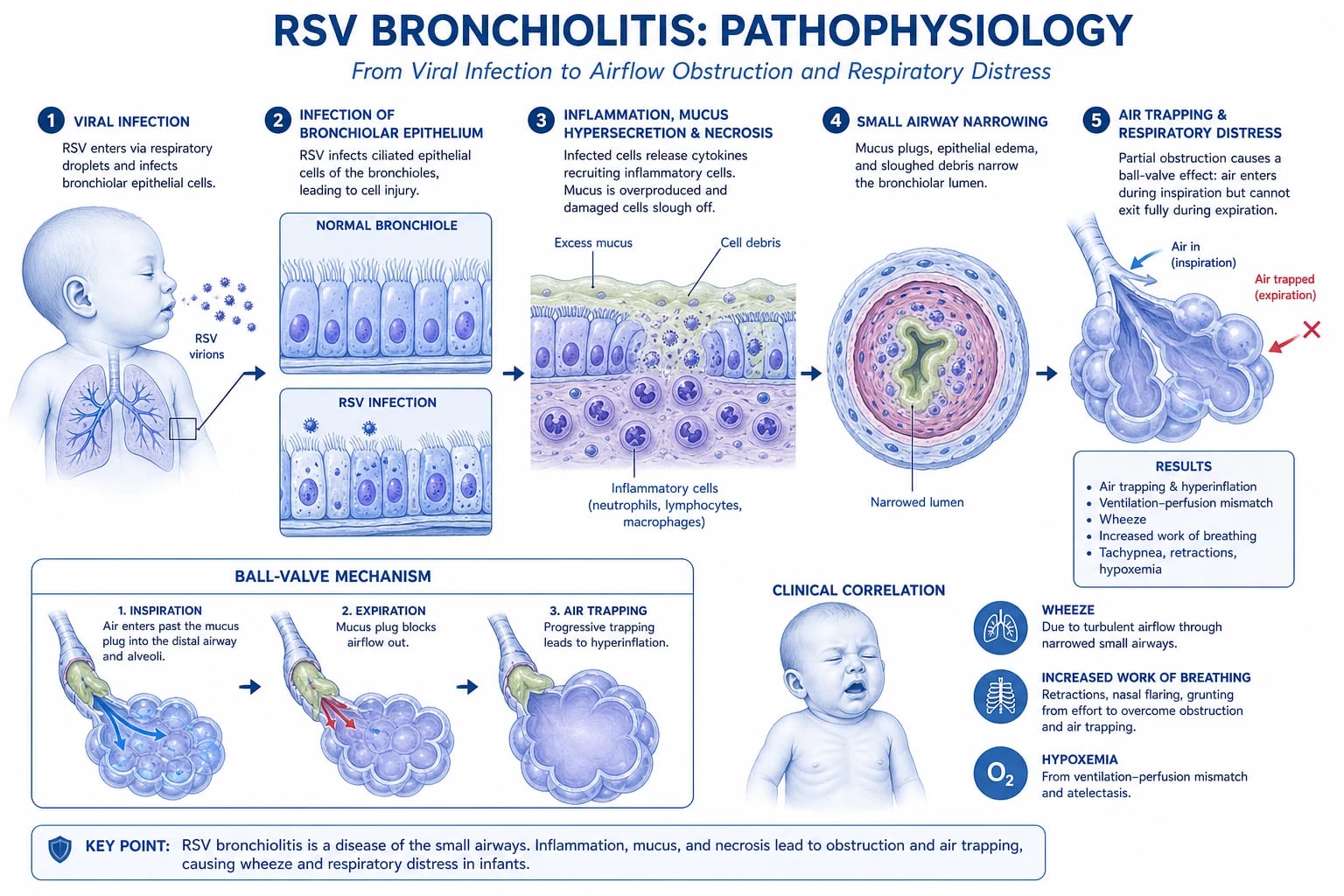 Diagram of bronchiole with viral infection causing epithelial necrosis, oedema, mucus plugging, ball-valve air trapping, atelectasis, hyperinflation, and V/Q mismatch causing hypoxaemia and hypercapnia